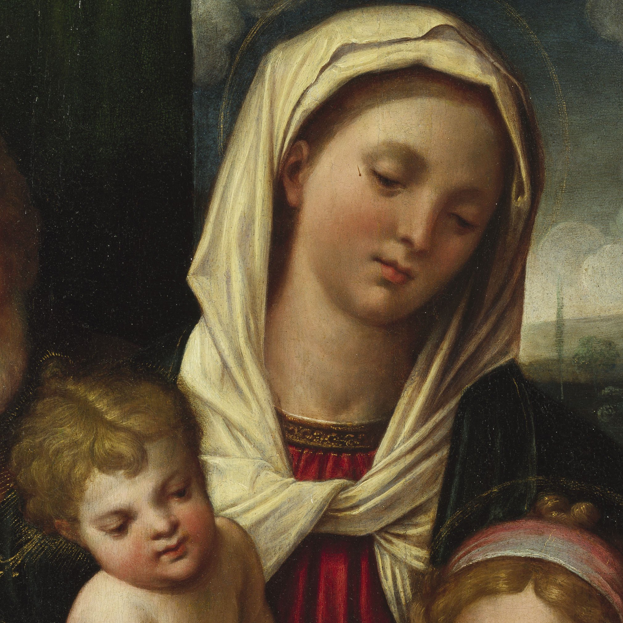 Primo piano di un dipinto religioso raffigurante la Madonna con il Bambino, con un'aureola dorata intorno al capo, caratterizzato da uno sfondo scuro e colori intensi.