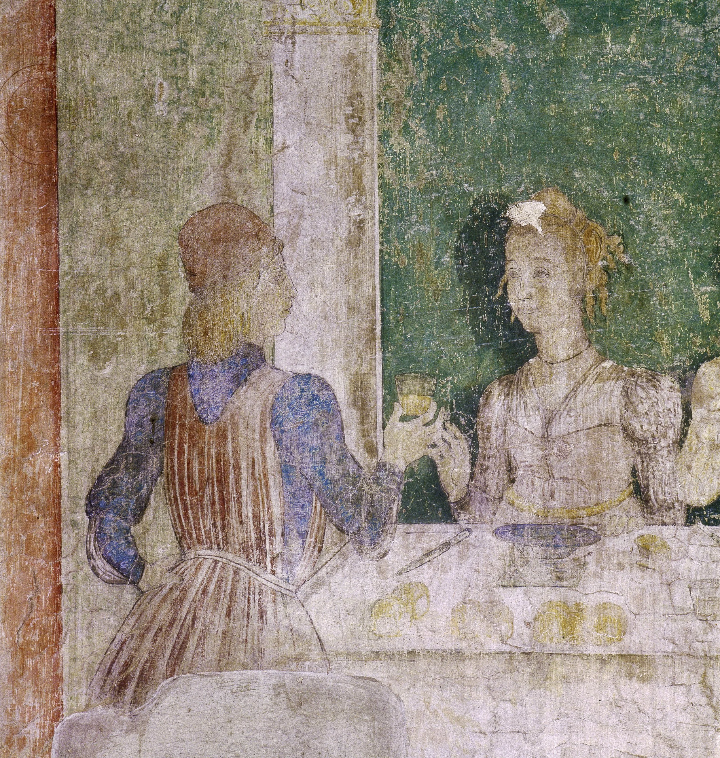 Fresco painting of a woman with braided hair holding a vase, other figures and abstract designs on a decorative background.
