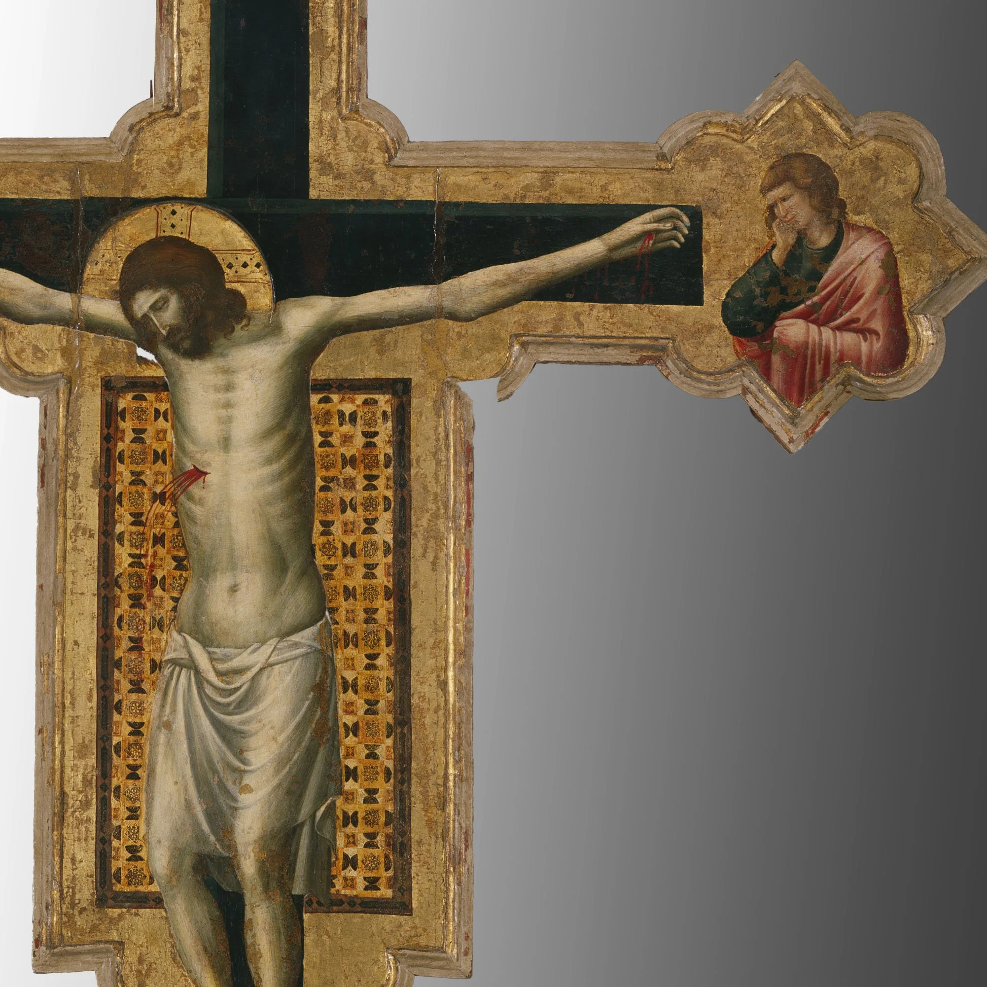 Dipinto raffigurante Gesù Cristo crocifisso, con aureola, su una croce, accanto a Maria, fondo oro