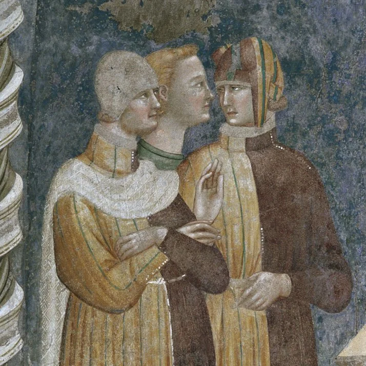 Dipinto murale raffigurante tre figure in abiti medievali impegnate in una conversazione