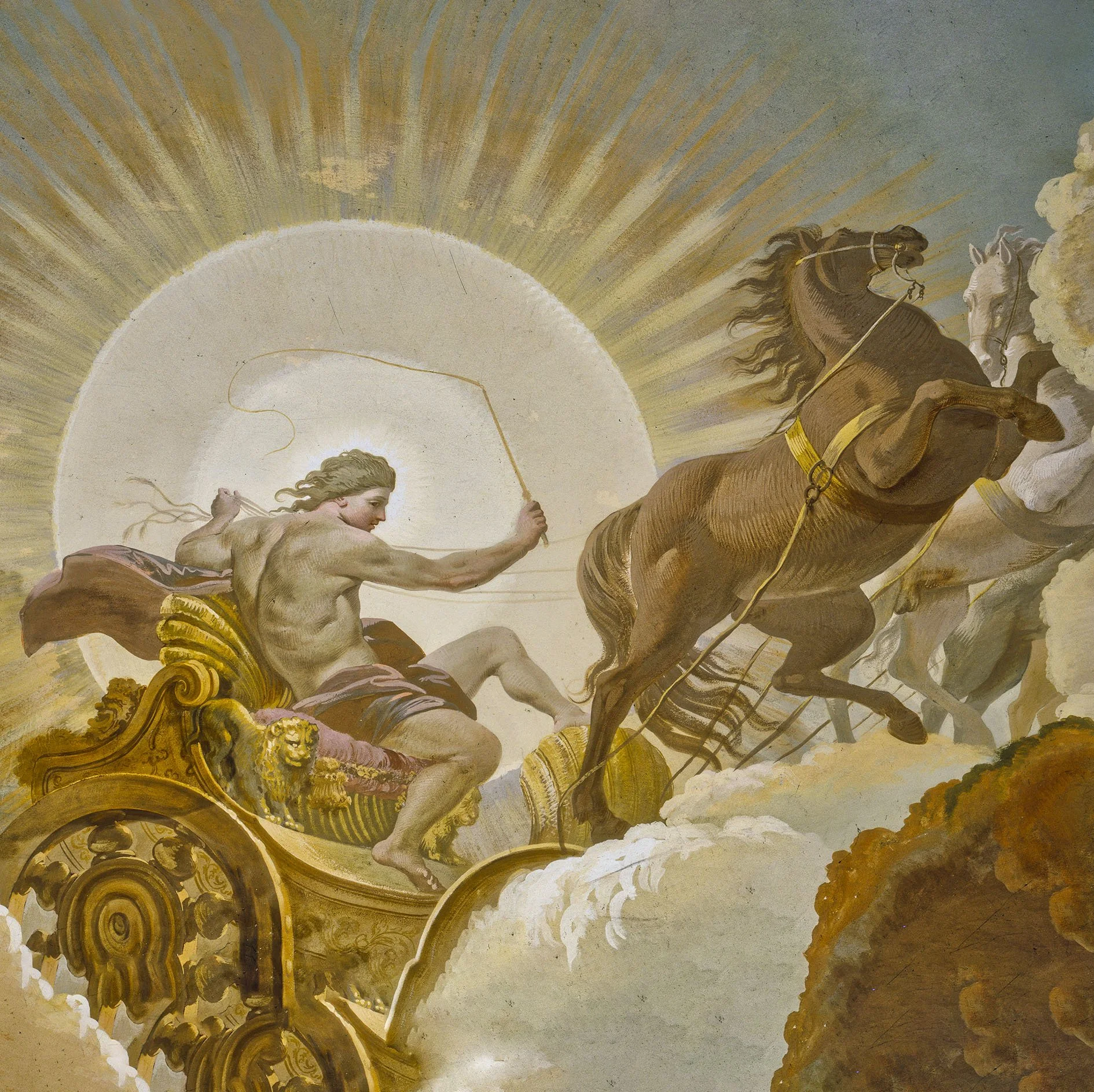 Dipinto  mitologica del carro del sole e cavalli che volano nel cielo,  Palazzo Albergati di Zola Predosa-Bologna