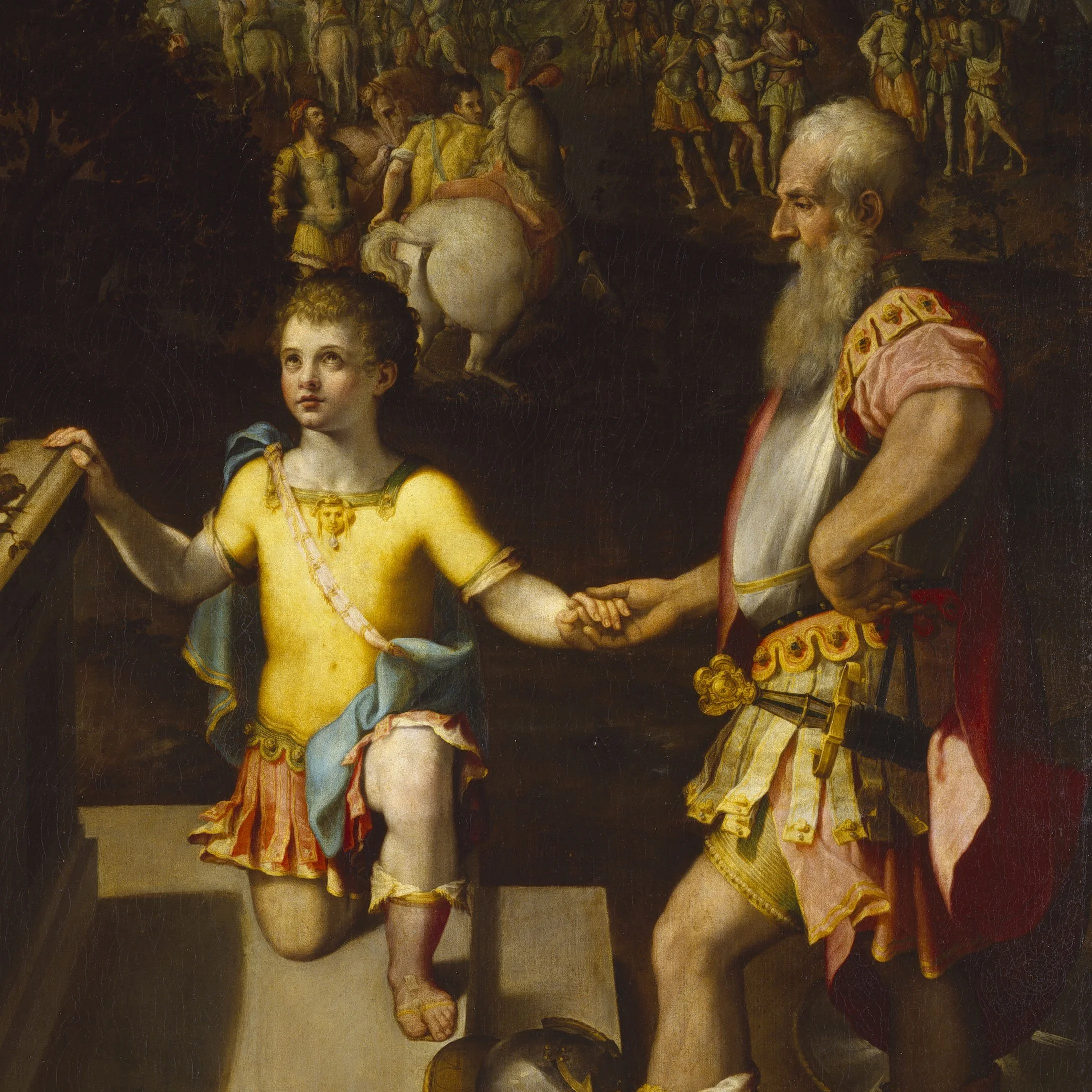 Dipinto storico  che raffigura una scena con diversi uomini, donne e bambini vestiti con abiti classici e regali. Tra le figure principali spiccano un ragazzino dai capelli ricci che tiene in mano un libro e un uomo anziano con la barba, . Sullo sfon
