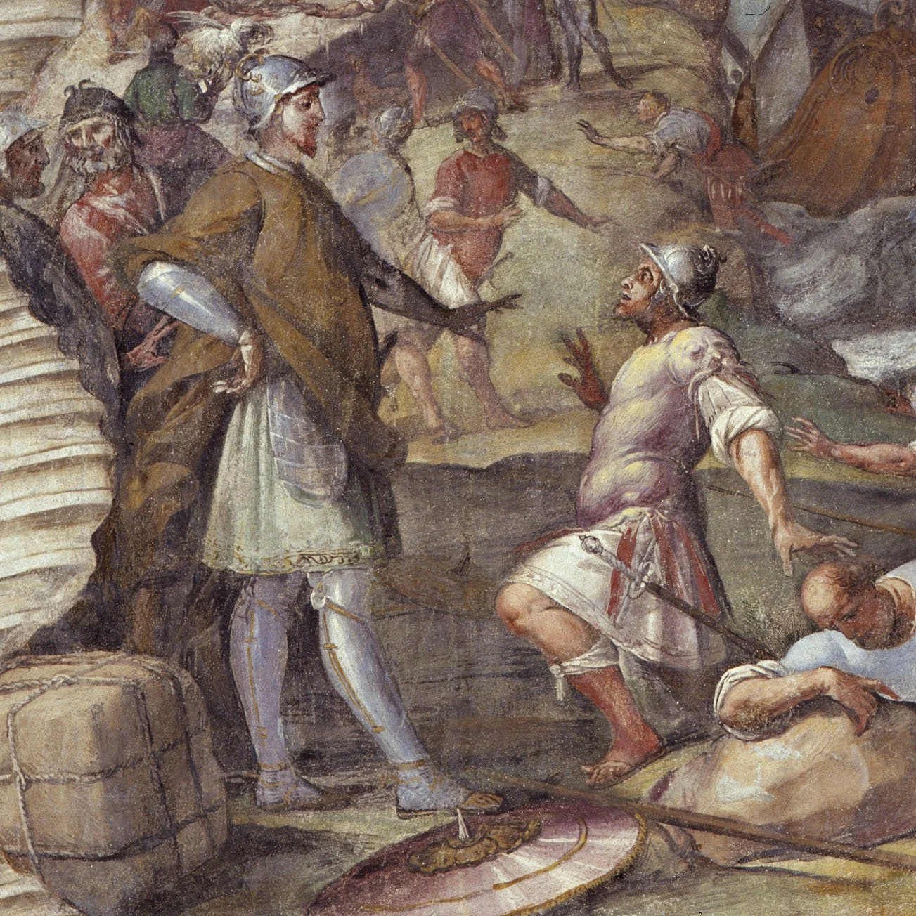Dipinto storico con cavaliere in armatura e figura armata di lancia, circondati da soldati e altre figure