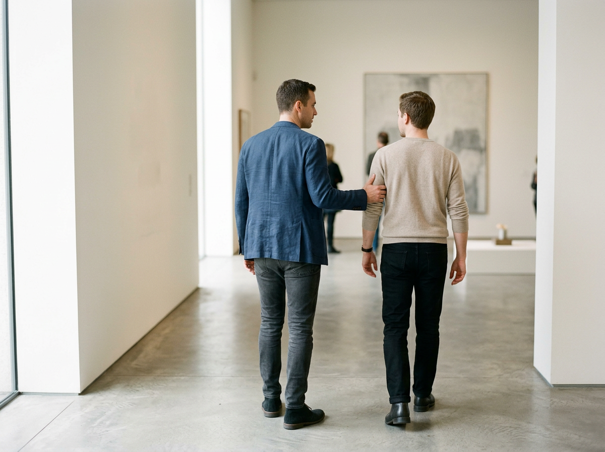 Two men walking together in an art gallery, one with his arm around the other's shoulder, engaging in conversation.