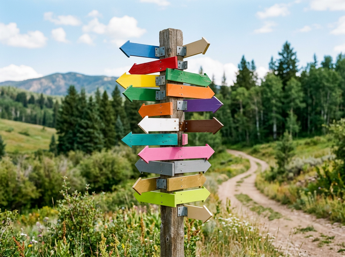 Colorful wooden arrows pointing in various directions fastened to a wooden signpost, on a rural dirt trail surrounded by green trees and mountains in the background.