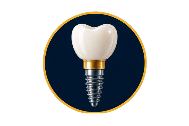 A dental implant designed to look like a tooth with a white porcelain crown, a gold-colored connector, and a metal screw beneath.