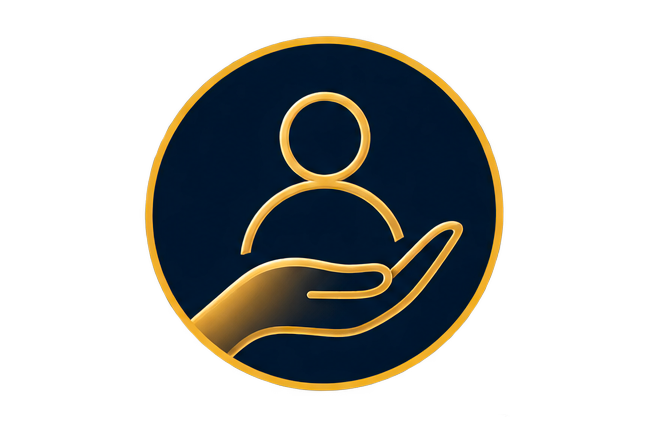 A neon-style icon of a hand holding a person figure, symbolizing support or care.
