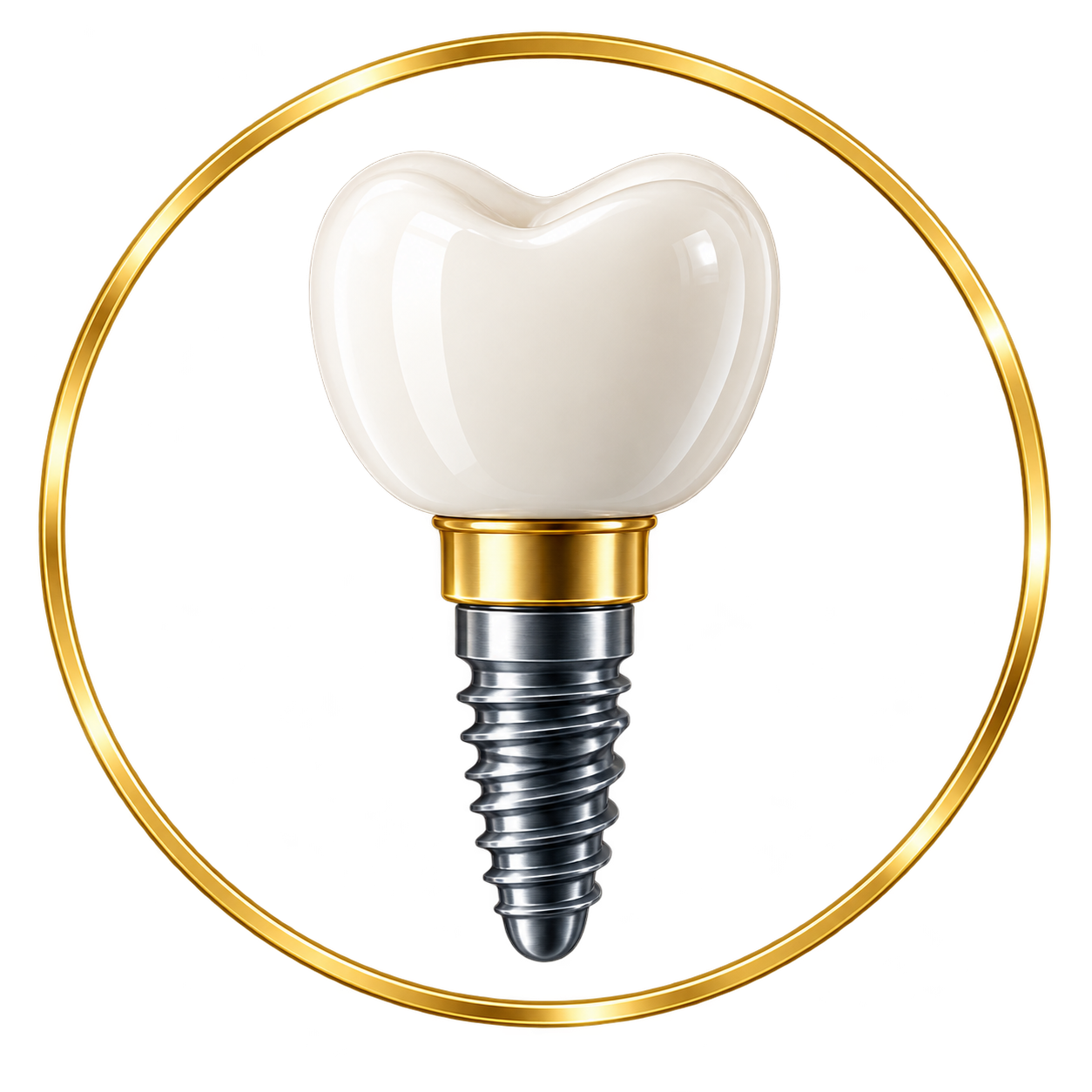 A close-up digital rendering of a dental implant with a tooth-shaped cap within a golden circular frame.
