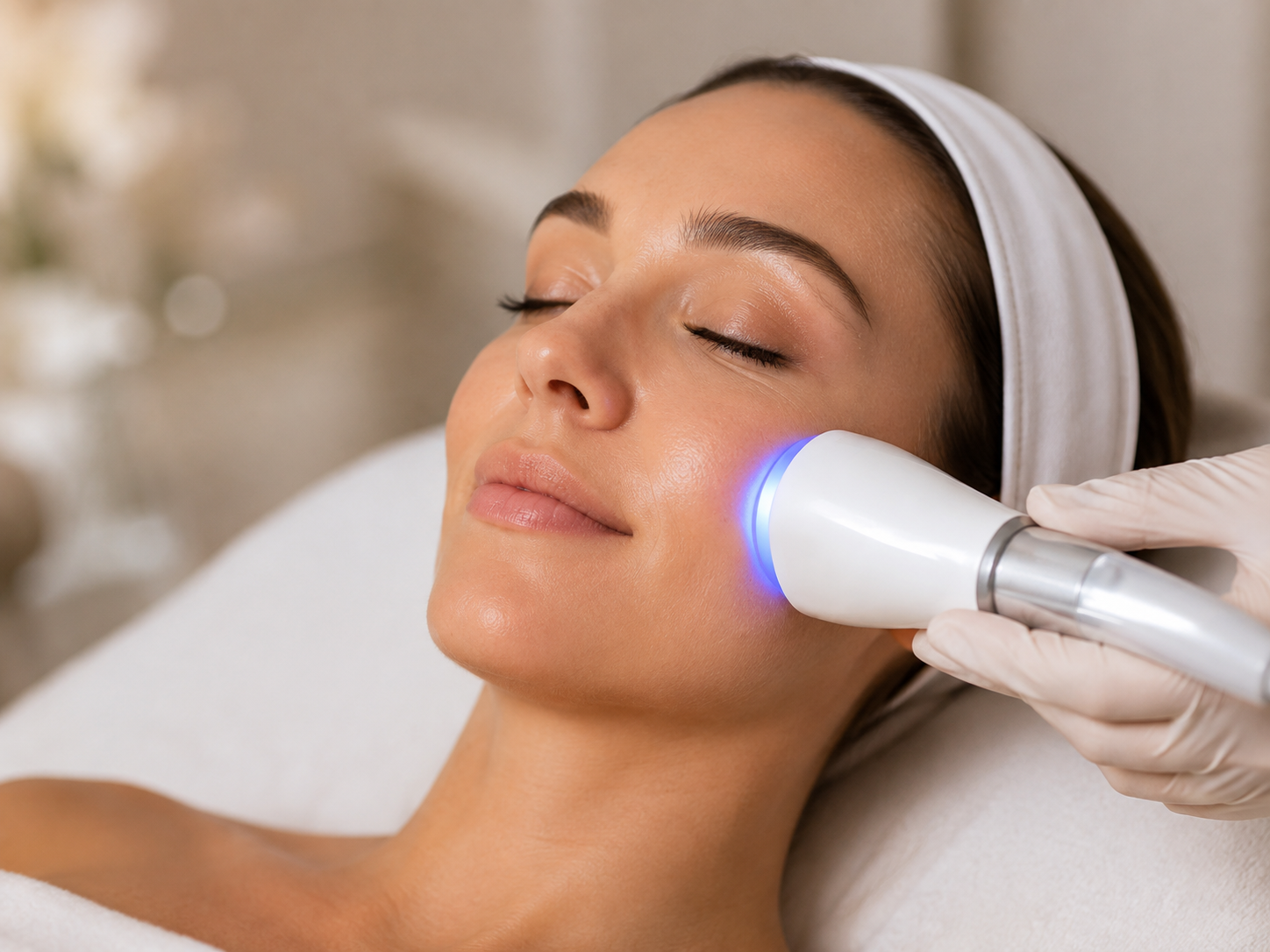 A woman receives a facial treatment with a handheld device emitting blue light, lying comfortably with eyes closed, in a spa setting.