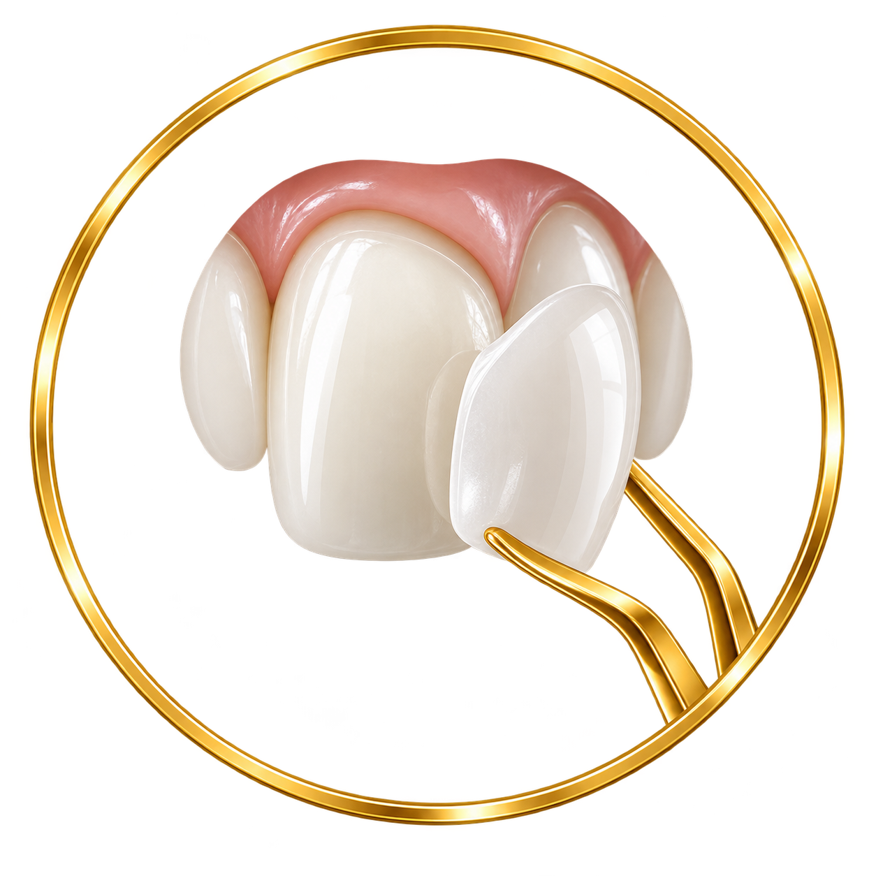 Close-up of a dental veneer being applied to a tooth with a dental tool, with a backdrop of gum tissue and a red border.