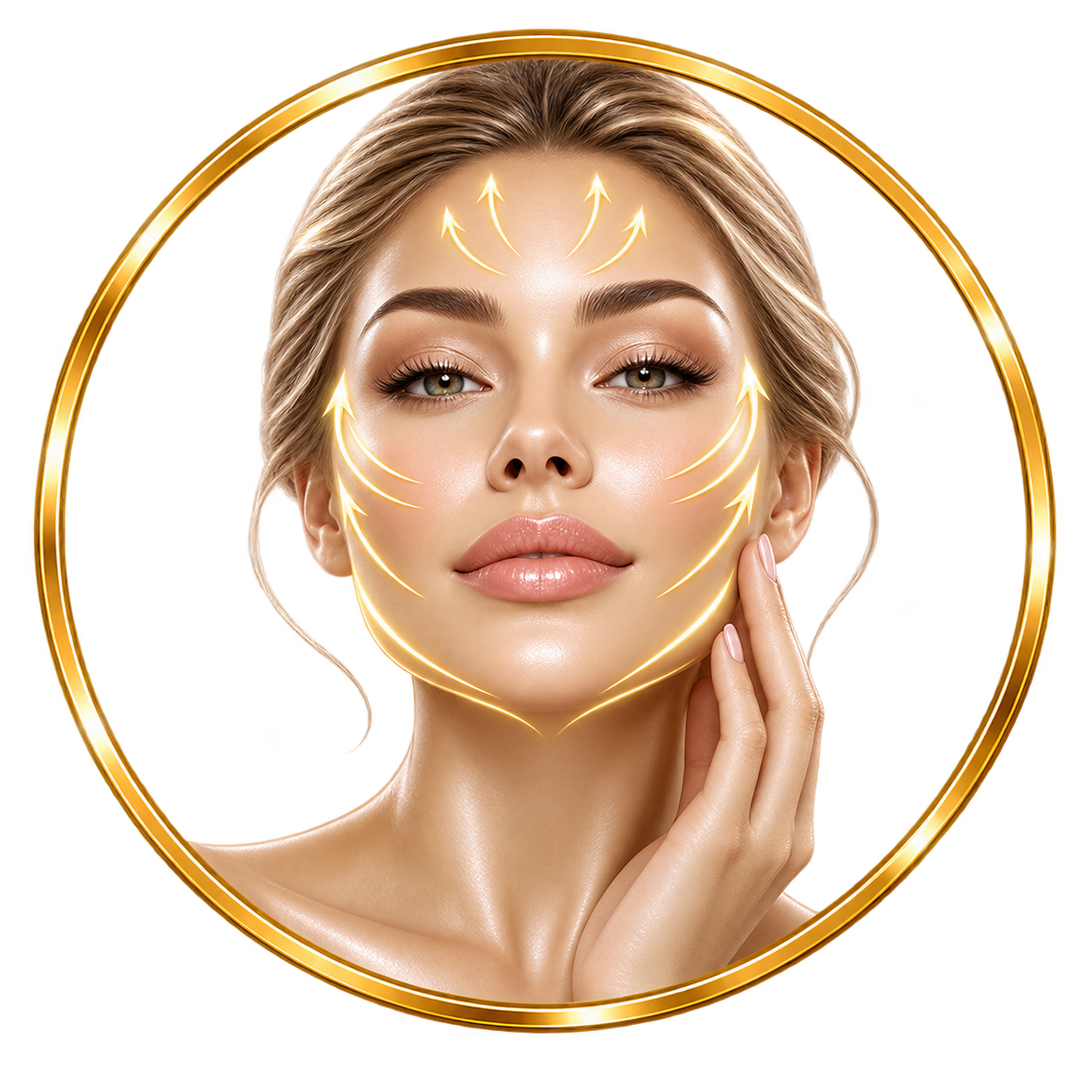 A woman with glowing skin touching her face, surrounded by golden arrows indicating facial lifting or contouring effects, framed by a circular gold border.