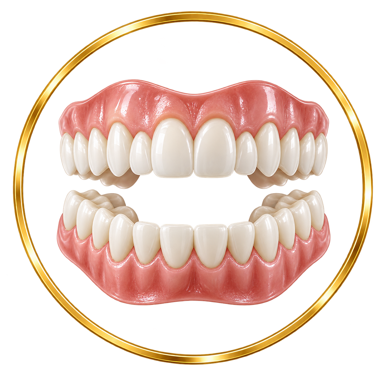 A 3D illustration of a set of upper and lower dentures with pink gum and white teeth, enclosed in a gold circular frame.