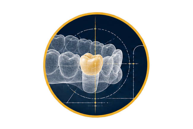 A digital illustration showing a human molar tooth highlighted in gold within a dental arch diagram, with a circular targeting overlay and blueprint-style grid lines.