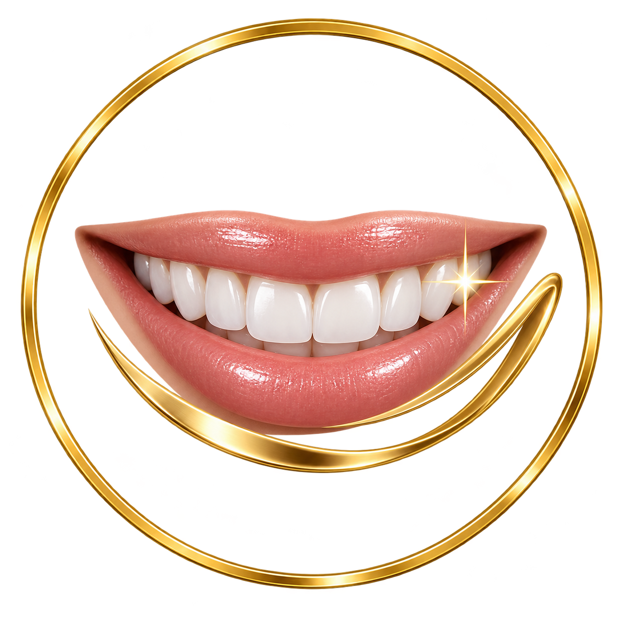 Close-up of a smiling mouth with white teeth and pink lips, surrounded by a gold circular frame.