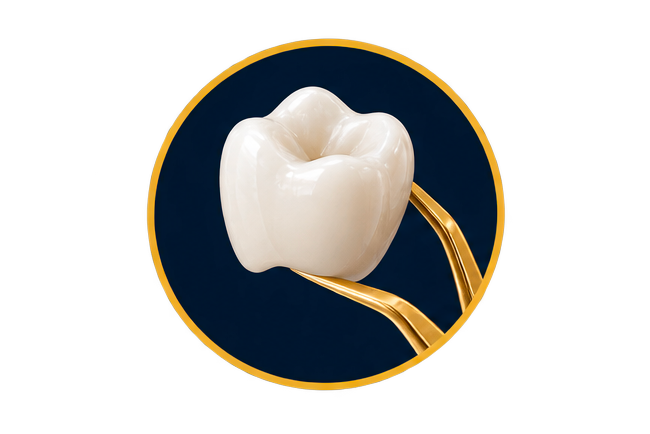 A dental crown resembling a tooth, held with tweezers against a dark blue background with a gold border.