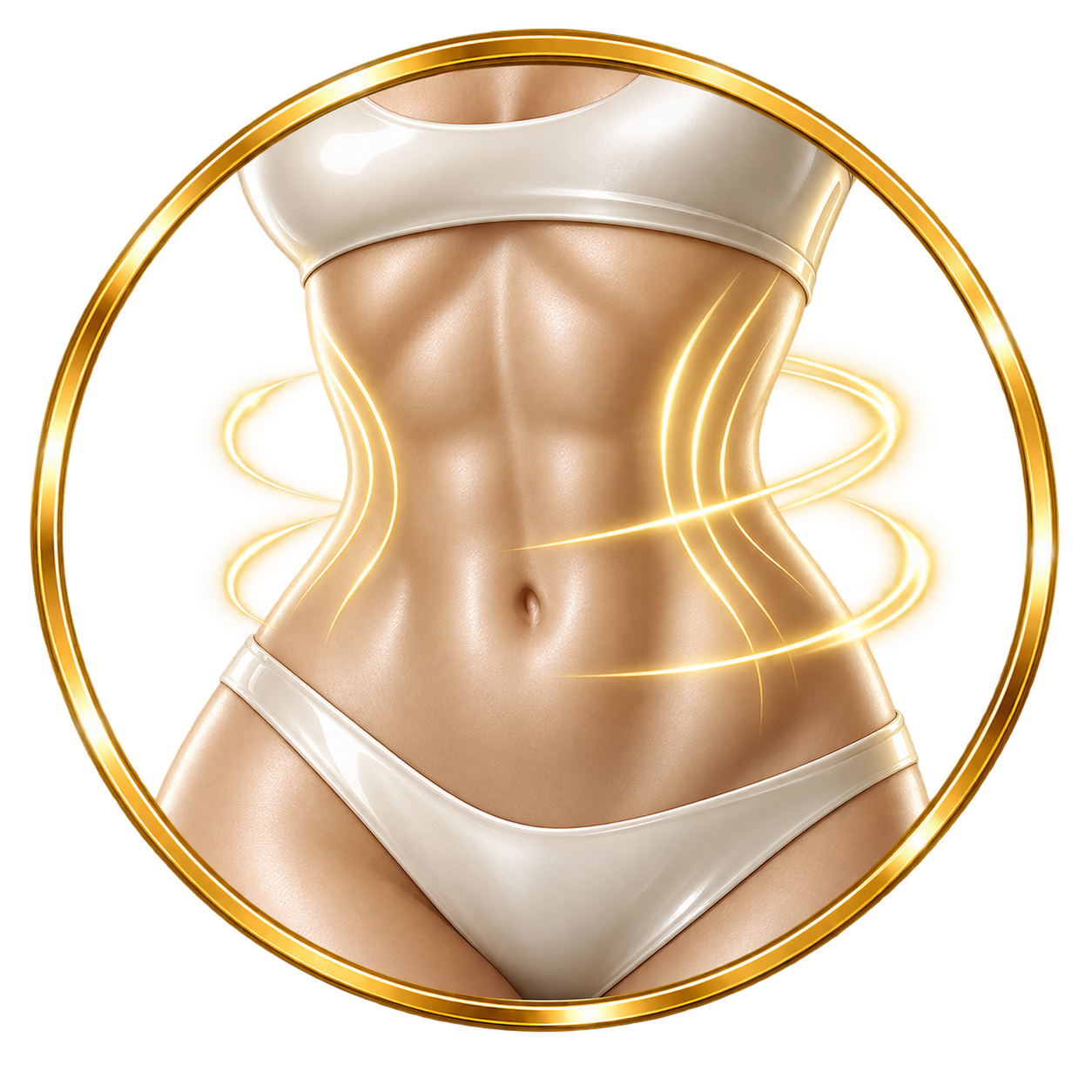 Close-up of a woman's midsection, wearing white athletic clothing, with glowing yellow swirling lines around her waist.