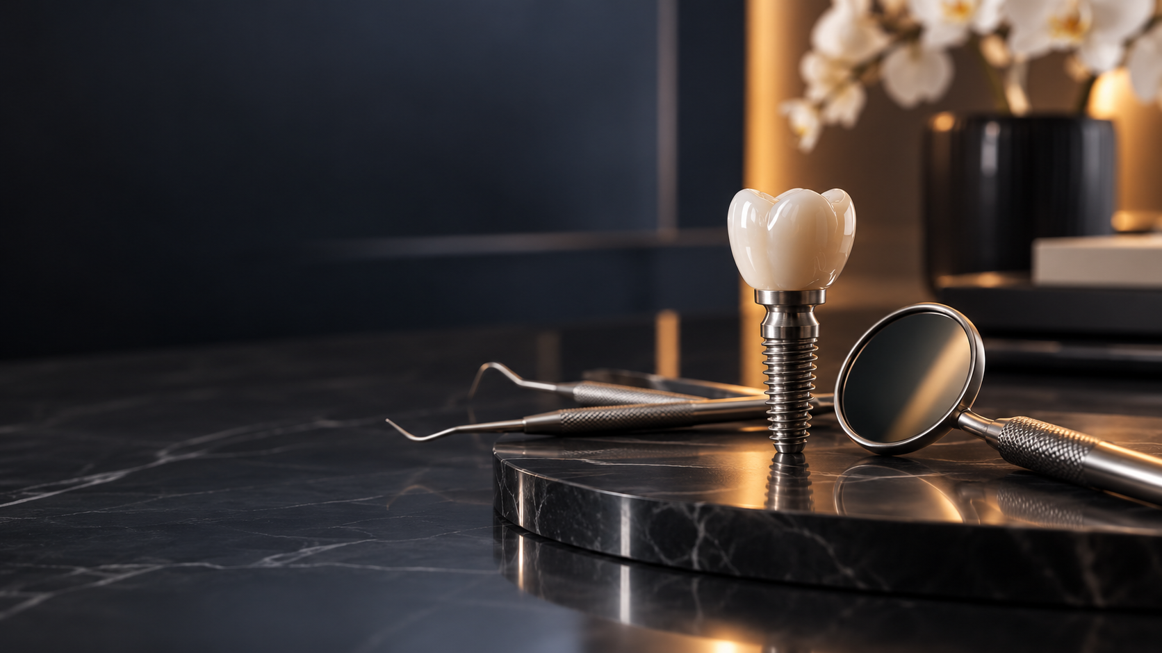 Dental tools, including a dental mirror, dental scaler, and a tooth-shaped dental implant, are arranged on a dark marble tray on a black marble countertop with a blurred background of a black vase with white flowers.