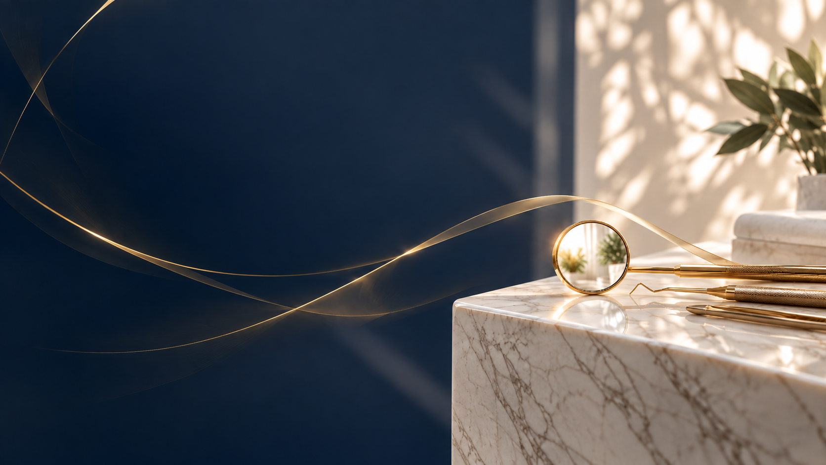 A marble countertop with gold beauty tools and a round mirror, sunlight casting shadows of a plant on the wall in the background.