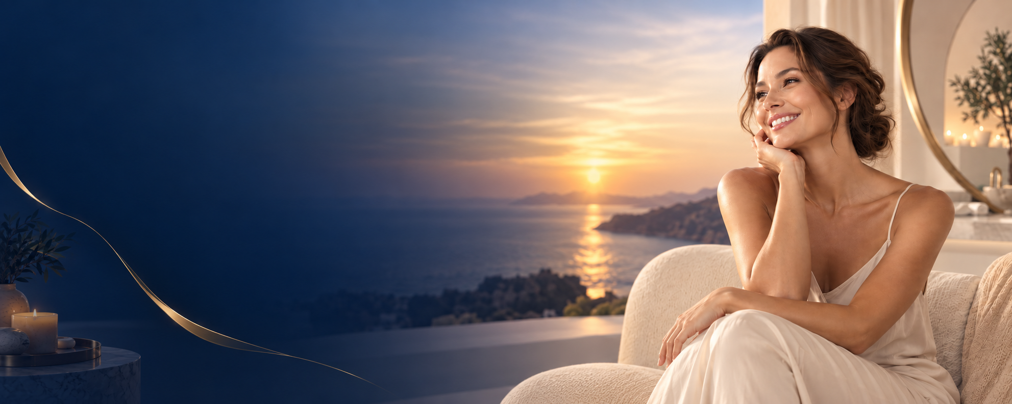 Woman smiling and relaxing on a beige sofa in a room with a large window overlooking a sunset over the ocean and mountains.