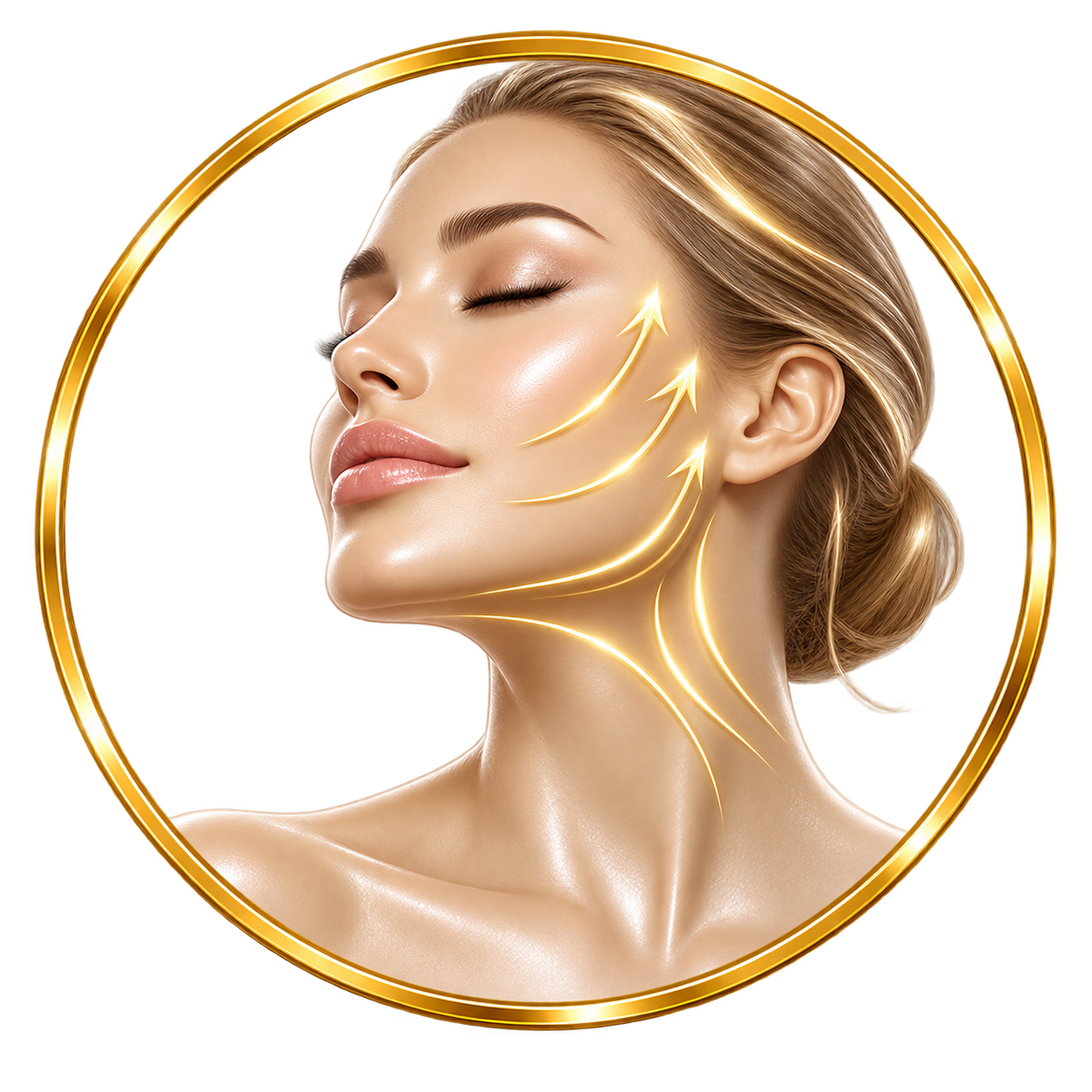 A woman with glowing skin and closed eyes, with golden arrows indicating facial lifting or skincare improvement