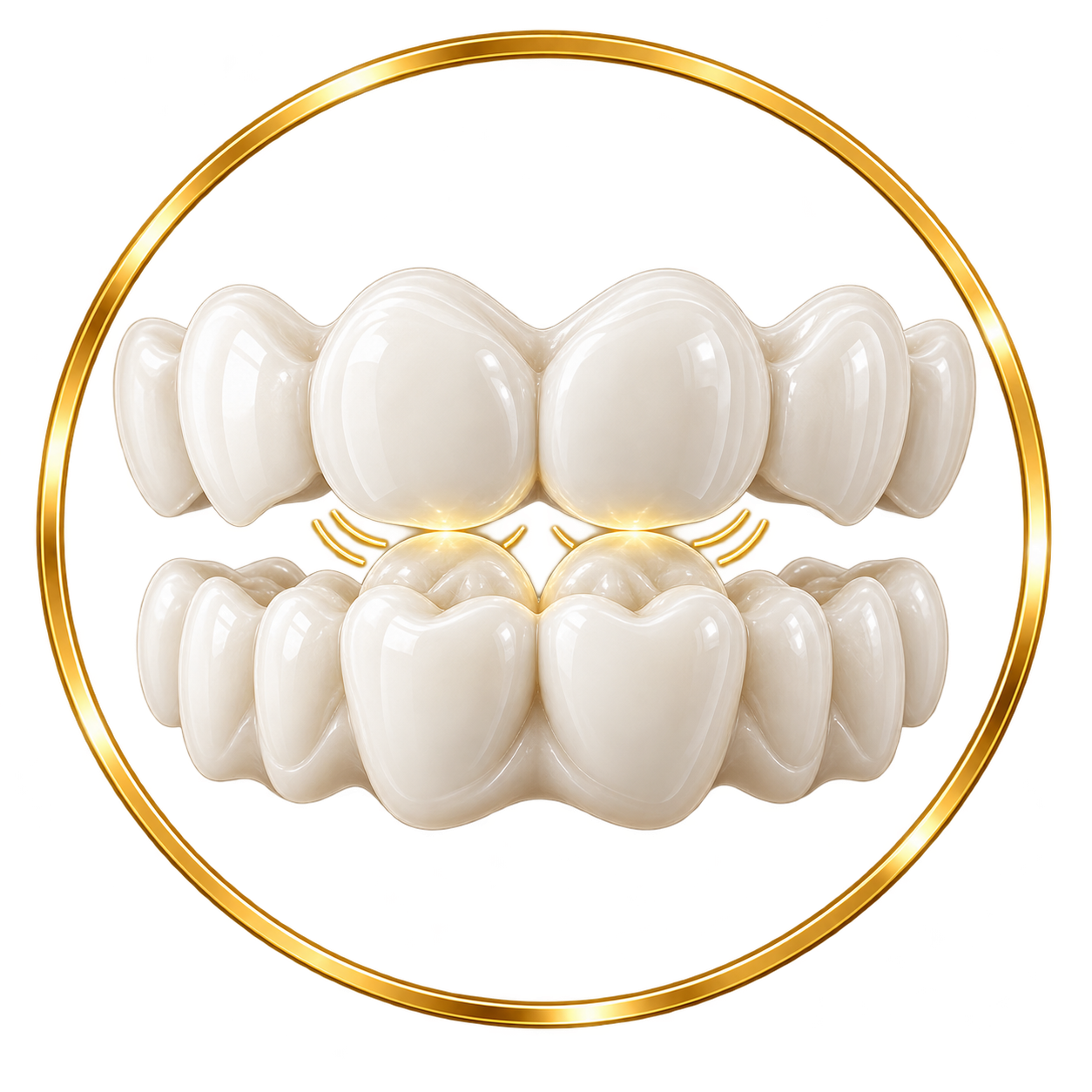 Close-up of a dental model showing white teeth inside a gold circular frame.