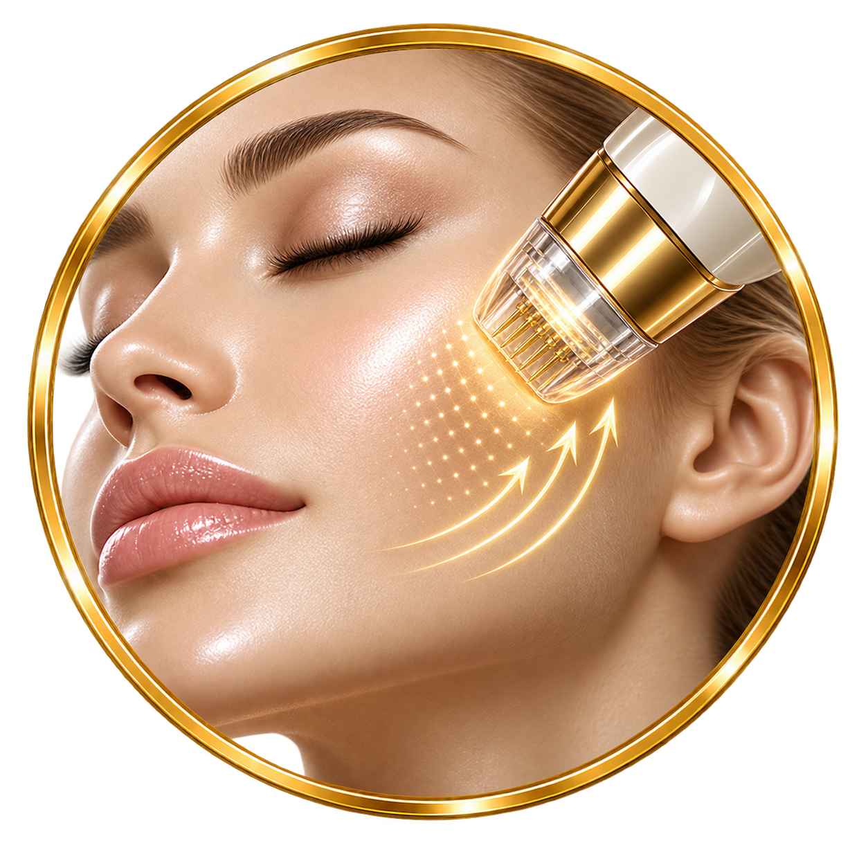 Illustration of a woman receiving a facial treatment with a high-tech skincare device, showing glowing arrows and dots indicating skin stimulation.