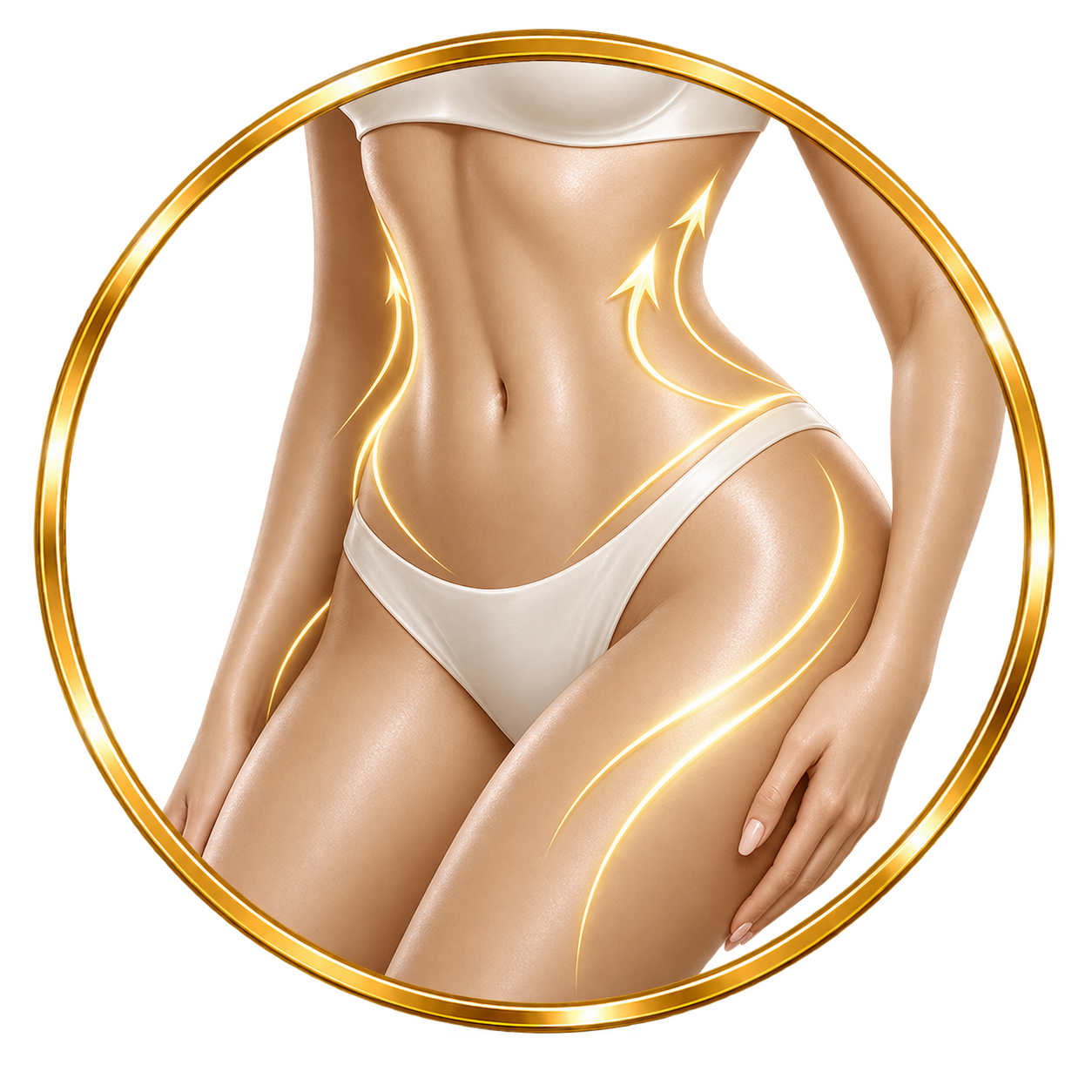Close-up of a woman's toned torso with glowing arrows indicating contouring or body shaping, wearing white underwear, framed by a gold circular border.