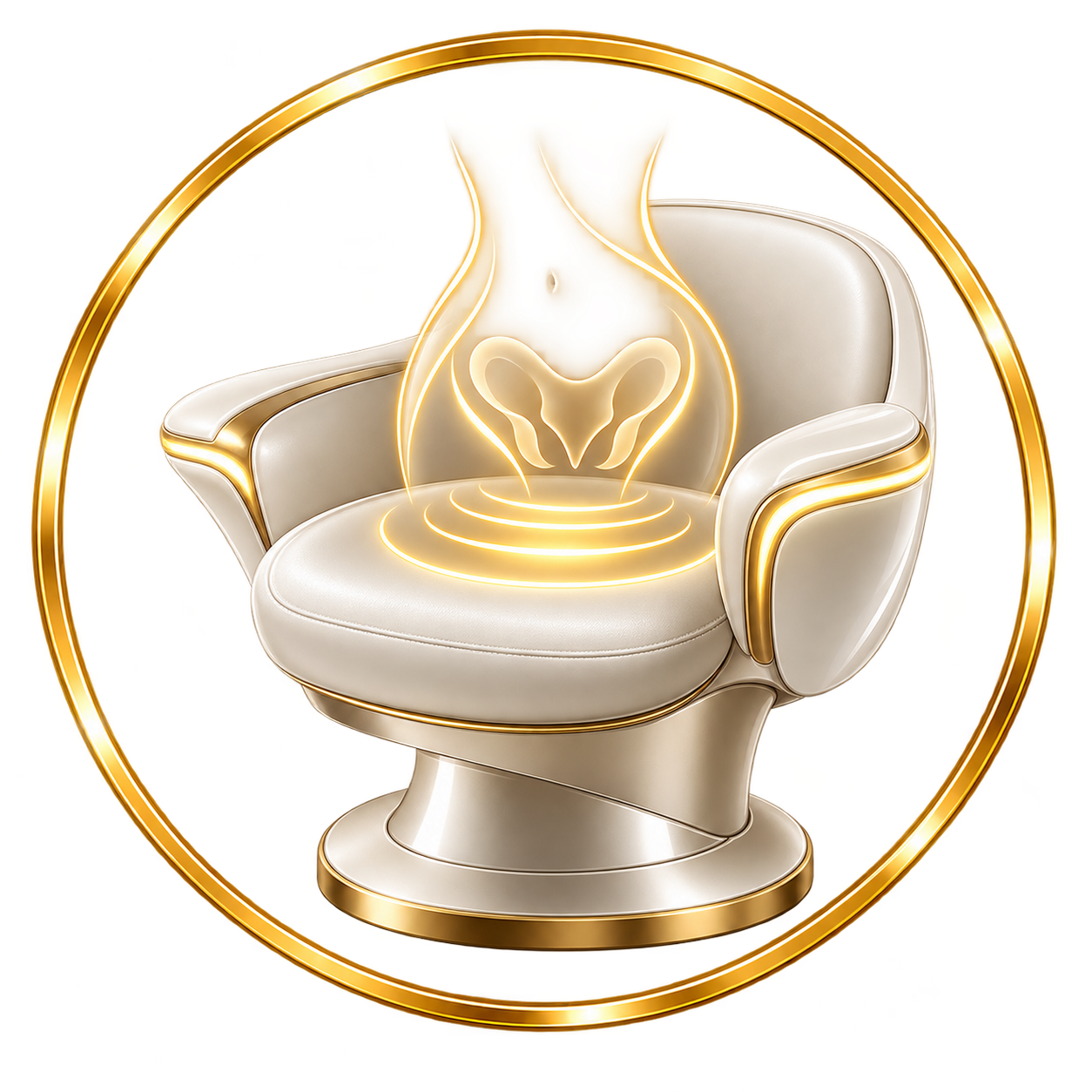 A neon illustration of a rabbit's face above a modern white armchair with gold accents, enclosed in a gold circular frame.