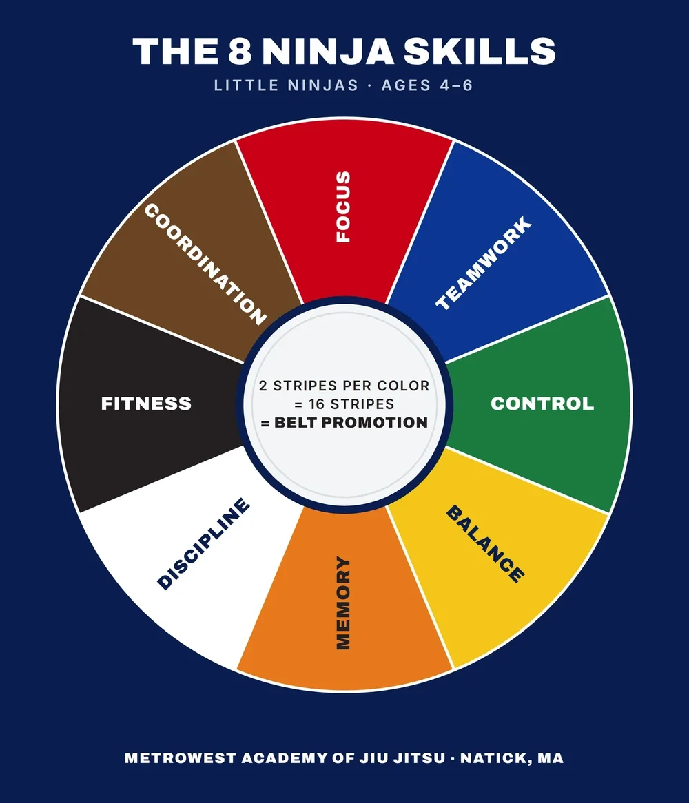 The 8 Ninja Skills wheel for Little Ninjas ages 4 to 6: focus, teamwork, control, balance, memory, discipline, fitness, and coordination. Two stripes per skill makes 16 stripes, which earns a belt promotion.