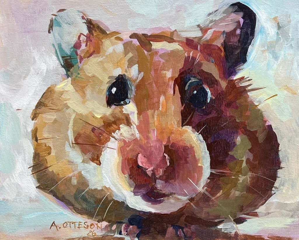Painting of a pet hamster with large, shiny eyes, using warm brown, beige, white, and hints of purple and black colors, signed by A. Otteson.