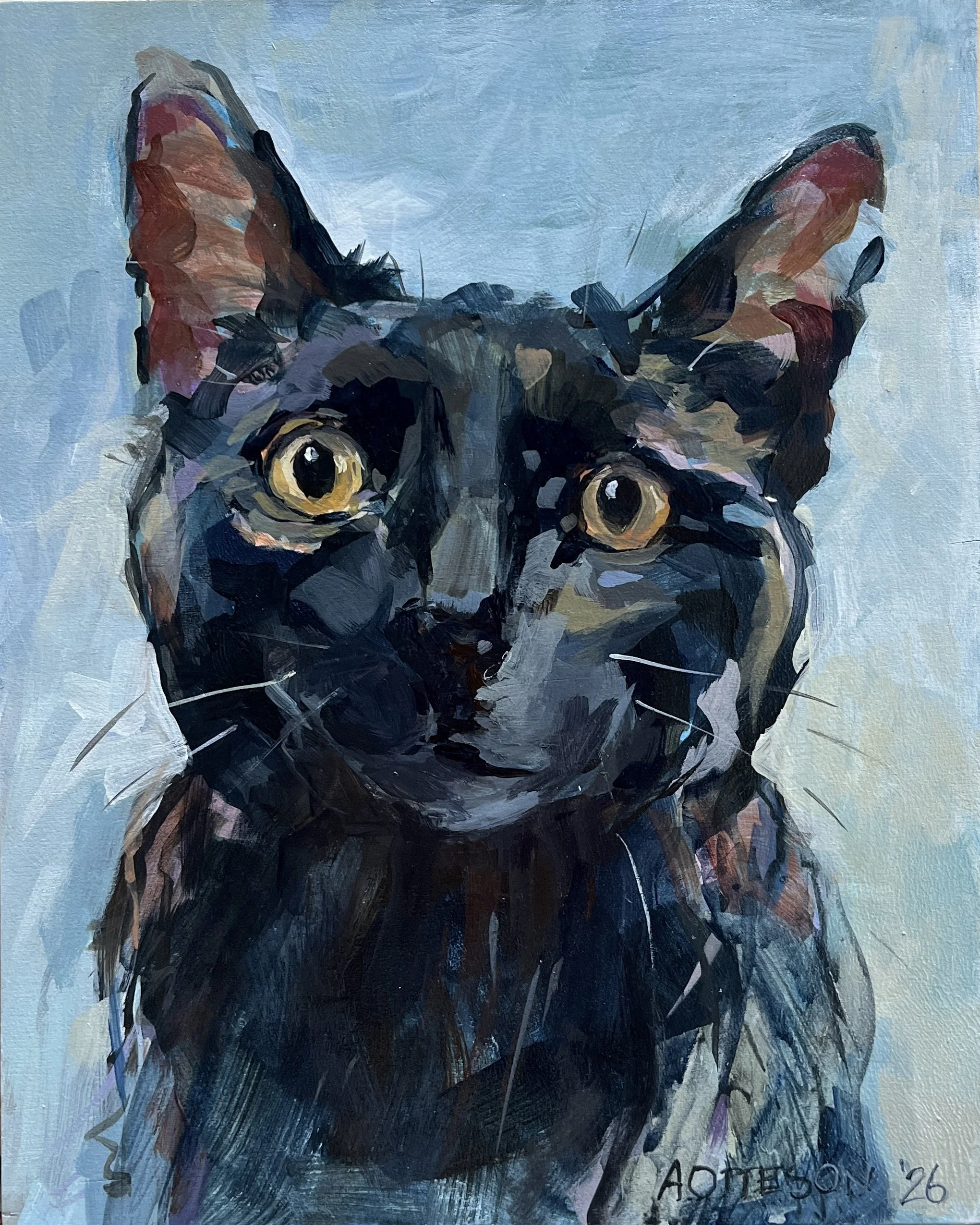 A painting of a pet cat set against a light blue background.