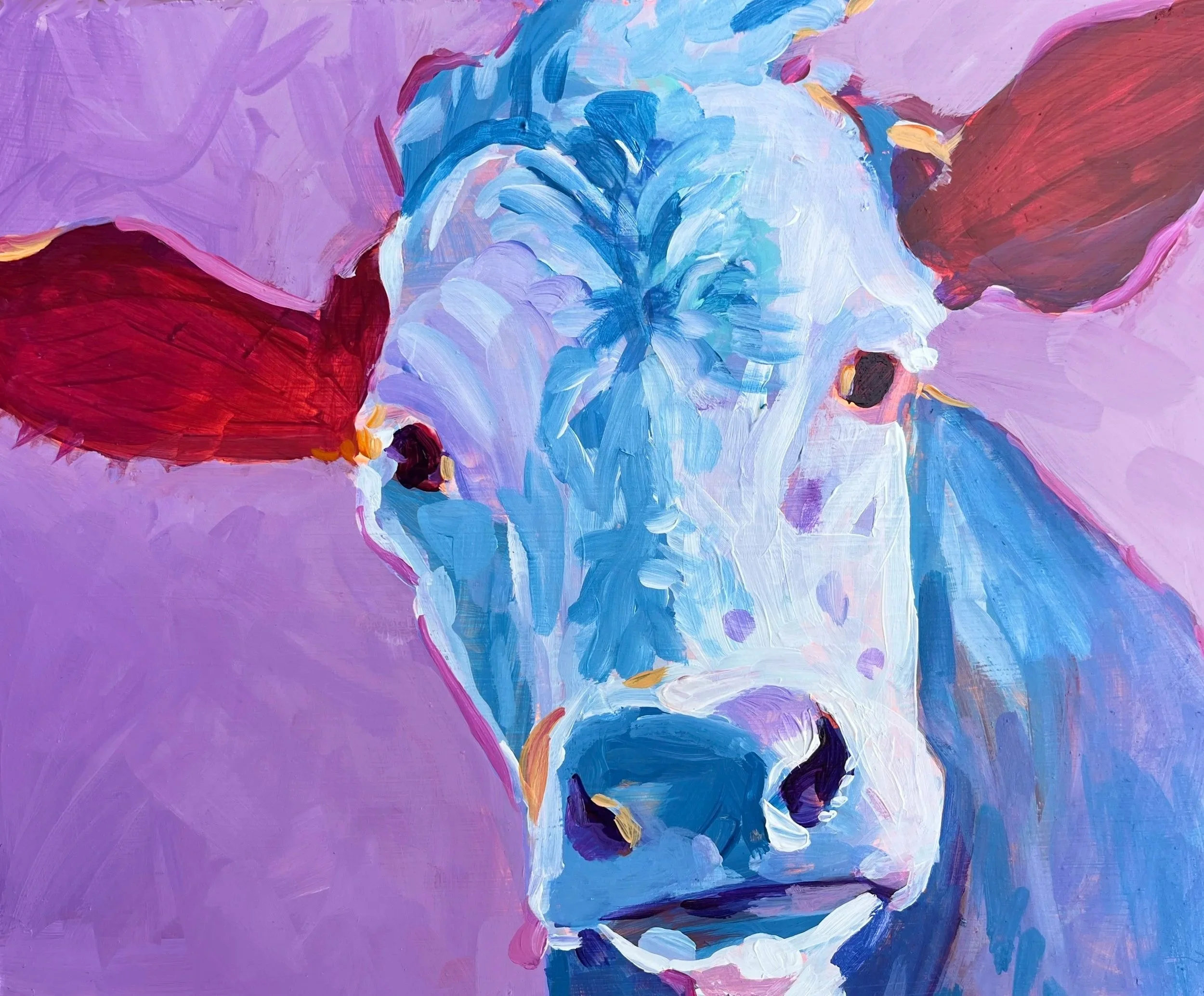 Painting of a Cow with bold strokes of purple, blue, red, and white colors.