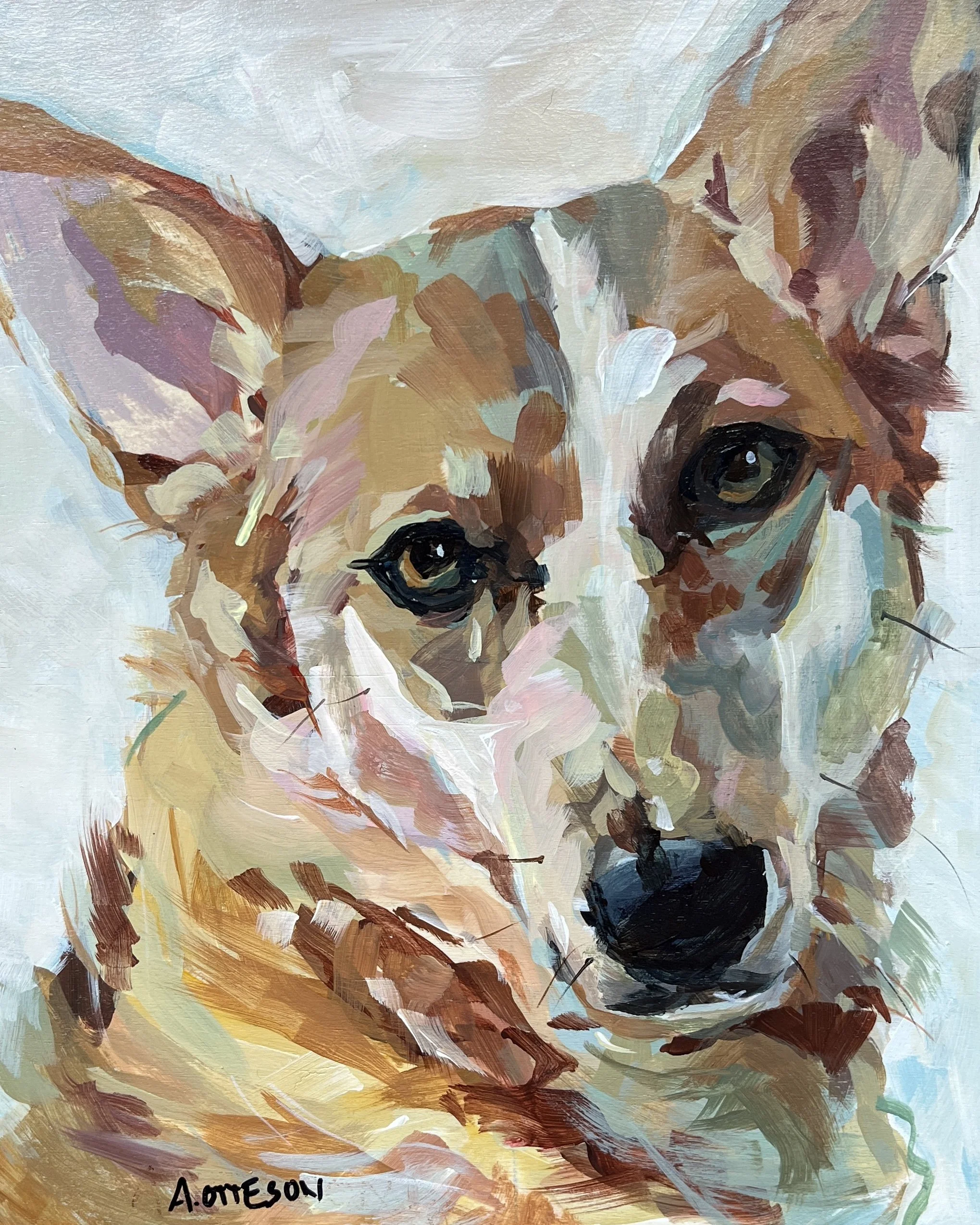 Aportrait of a dog, focusing on the face, created with loose, expressive brushstrokes in pastel and earth tones, signed by A. Otteson.