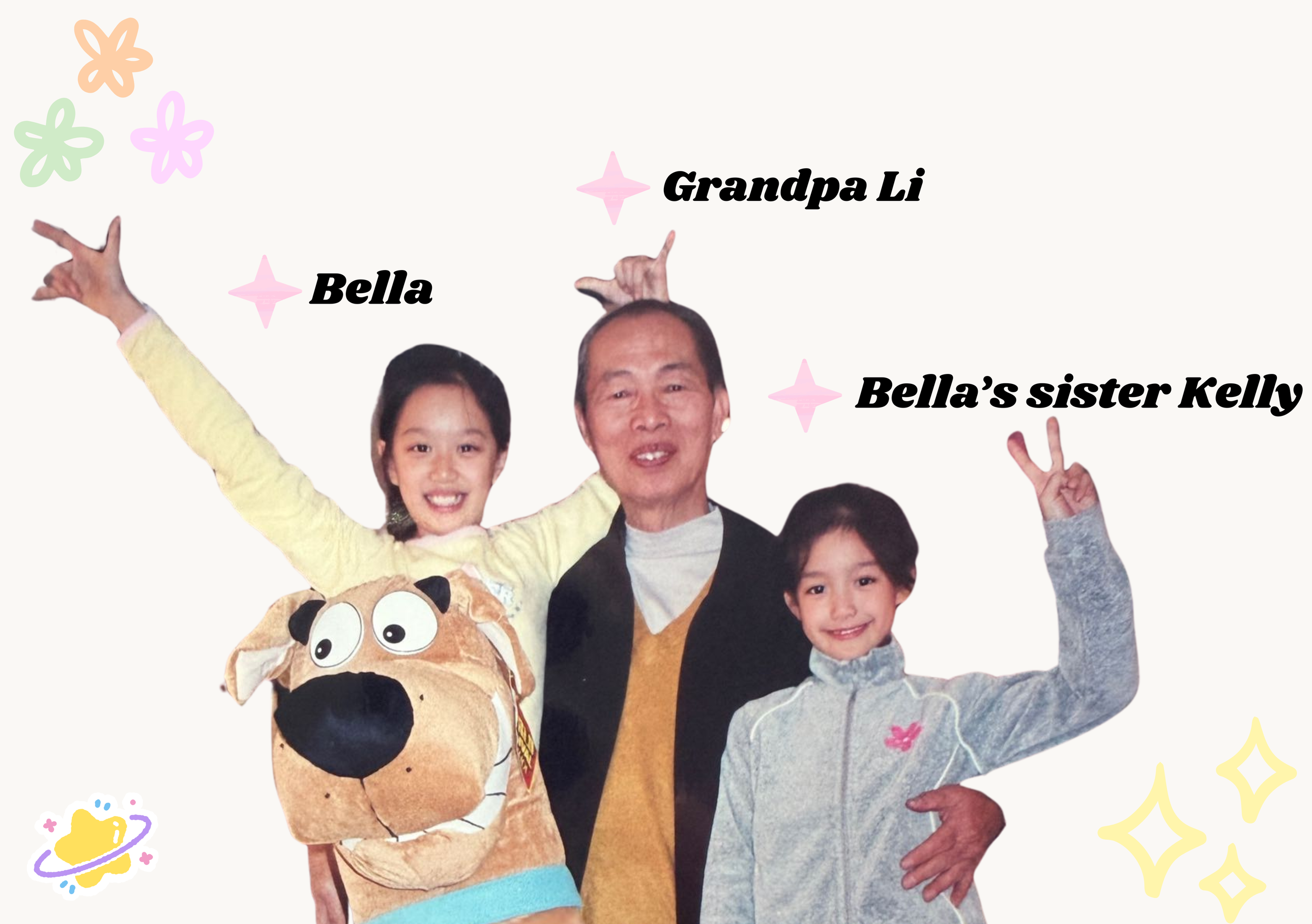 Isabella, Kelly and their grandfather, professor Li