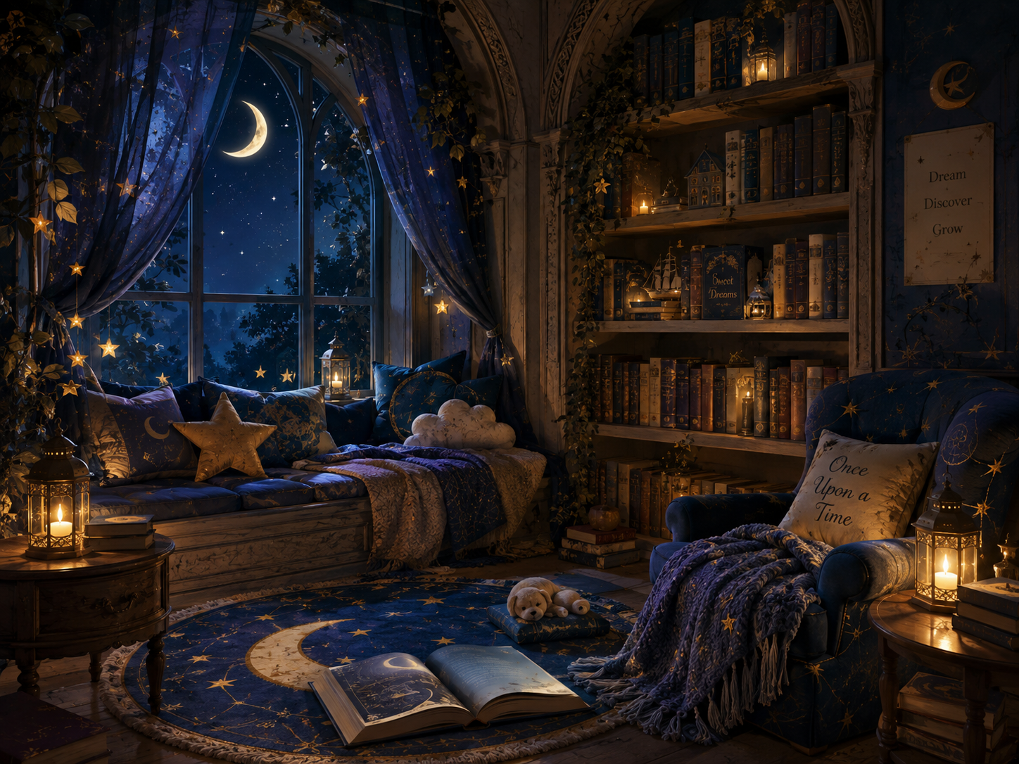 A cozy, starry night-themed room with a large window showing a crescent moon and starry sky, decorated with moon and star motifs, candles, plush pillows, stuffed animals, and a bookshelf filled with books.