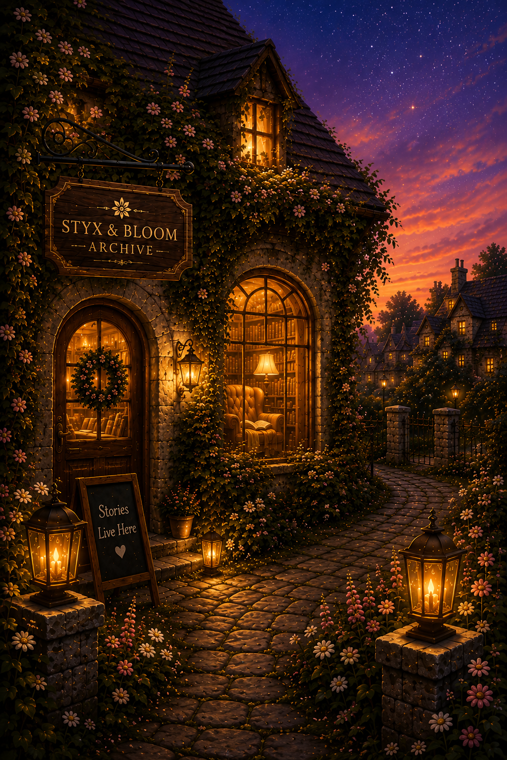 A cozy storybook archive named “Styx & Bloom Archive,” glowing warmly among flowers and lanterns on a cobblestone path at dusk.