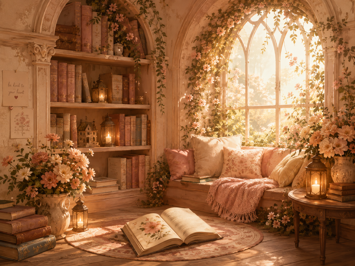 A cozy, vintage-style room bathed in warm sunlight from a large arched window decorated with pink and white flowers. There is a built-in bookshelf filled with old books and decorative lanterns. A plush seating area with floral and pastel cushions has open books and a pink throw blanket. A large vase with pink and white flowers, additional books, and lanterns are arranged around the room, creating a soft, inviting atmosphere.