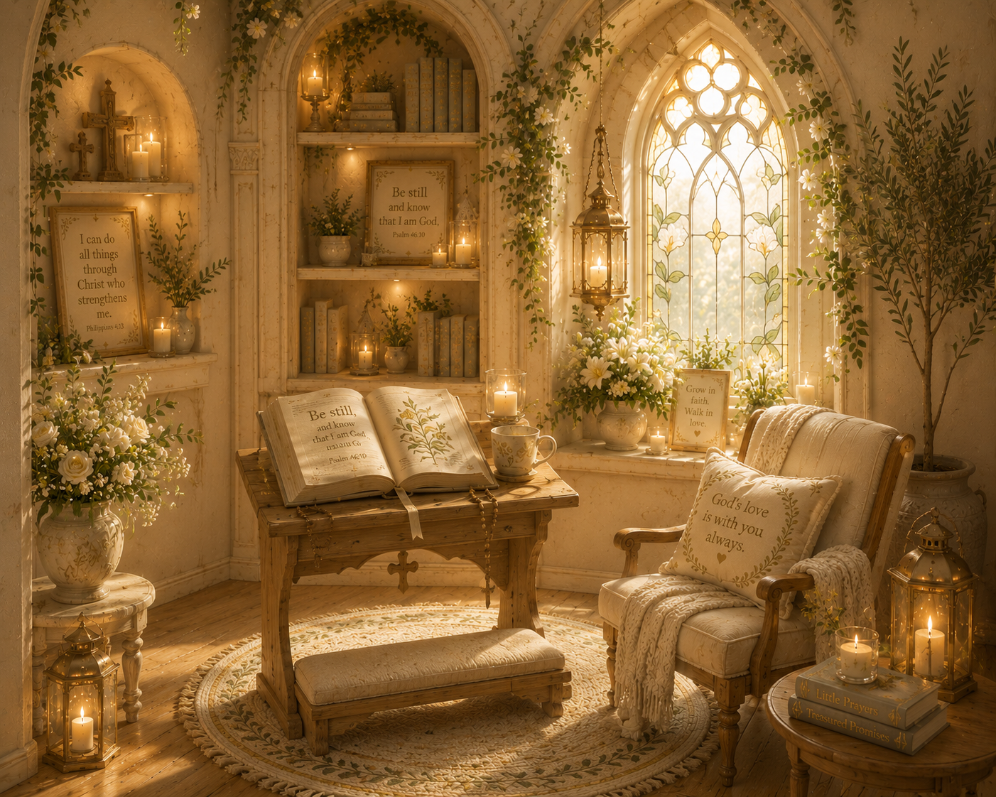 A cozy, decorated prayer or reading nook with candles, books, lamps, and religious and inspirational decor, illuminated by natural light from a large stained-glass window.