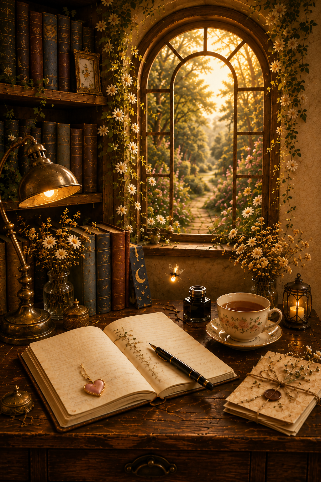 A cozy, vintage desk scene with an open journal, a pen, a heart-shaped pendant, a cup of tea, and decorative items like books, flowers, and fairy lights, overlooking a garden through a window.