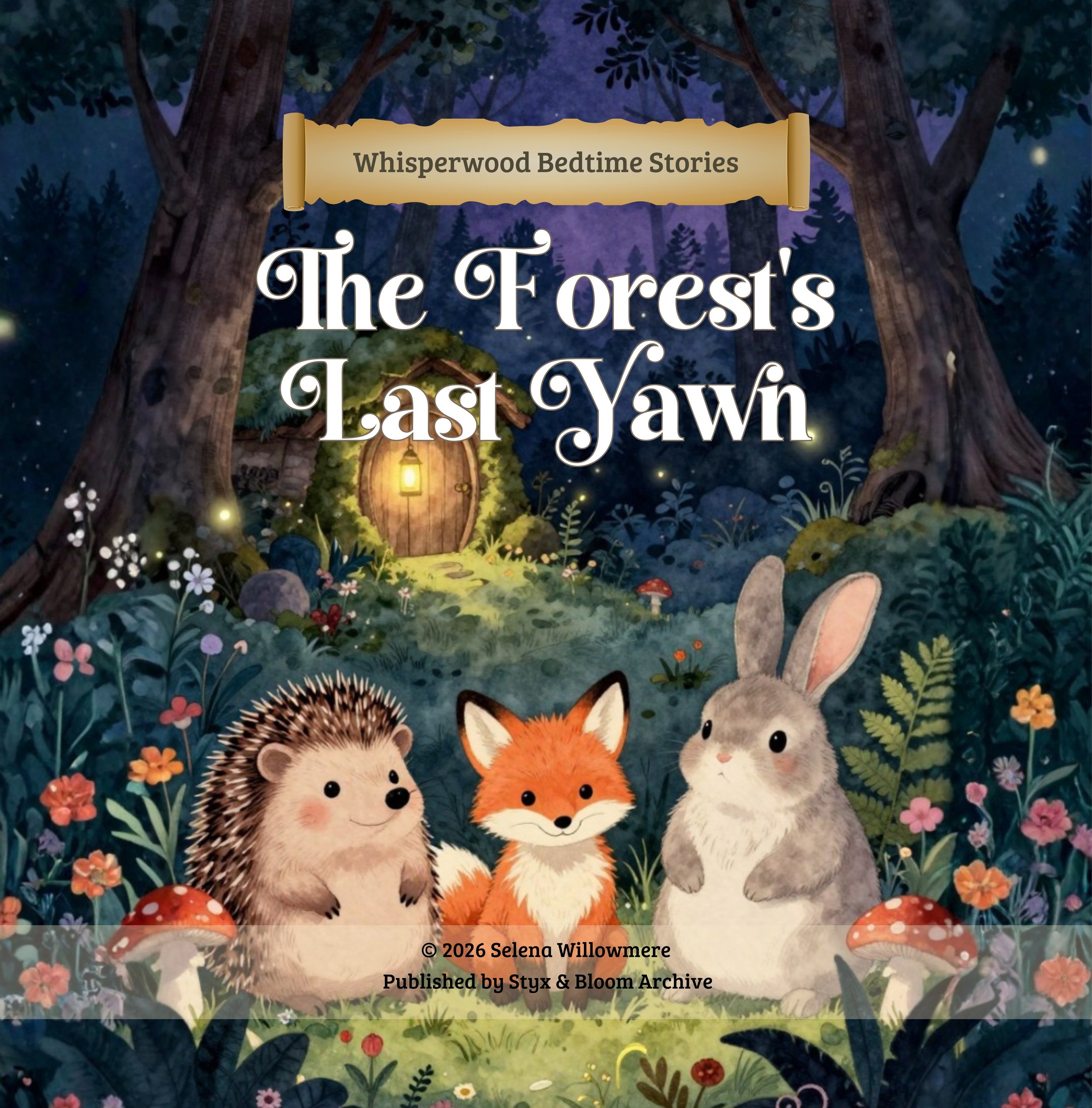 Cover of The Forest's Last Yawn, a Whisperwood Bedtime Stories children's book by Selena Willowmere.