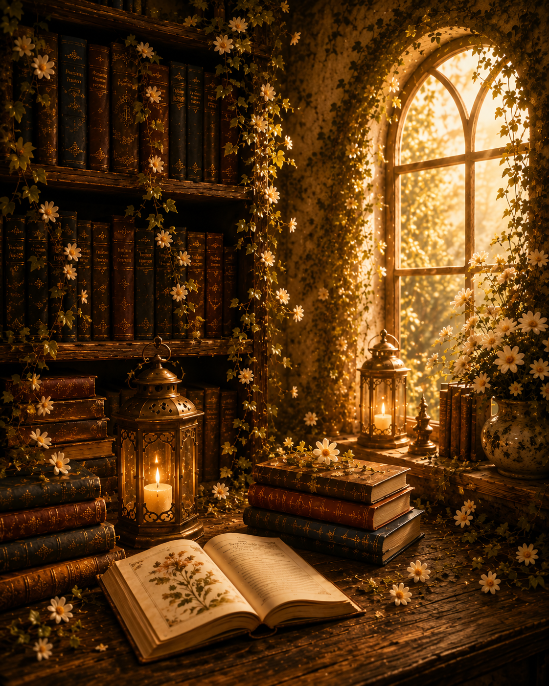 Cozy library scene with antique books, white daisies, candles, and lanterns illuminated by warm sunlight through a large arched window.