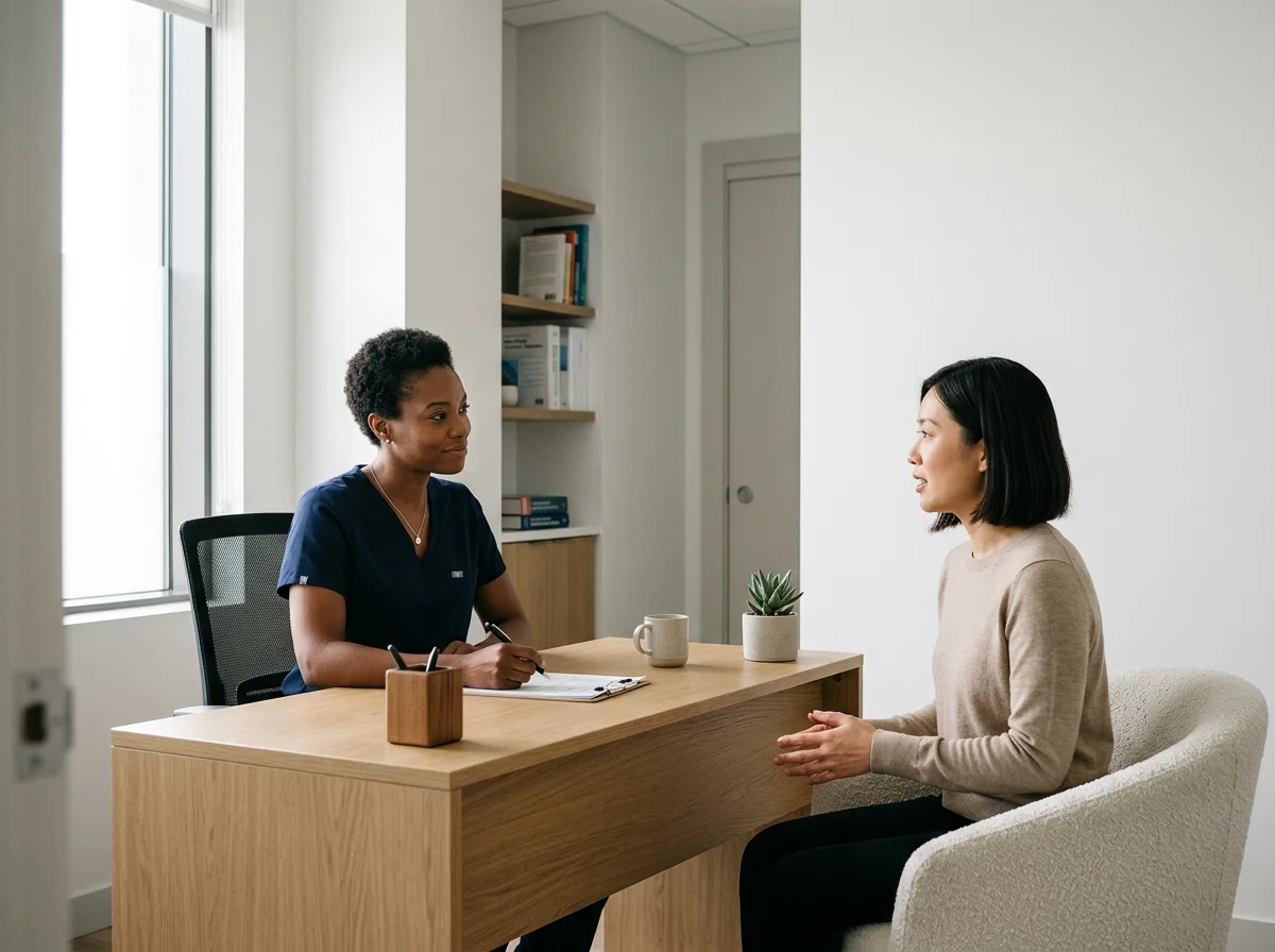 A woman in medical scrubs sitting at a desk, speaking with another woman seated across from her in a beige sweater, in a professional office setting.