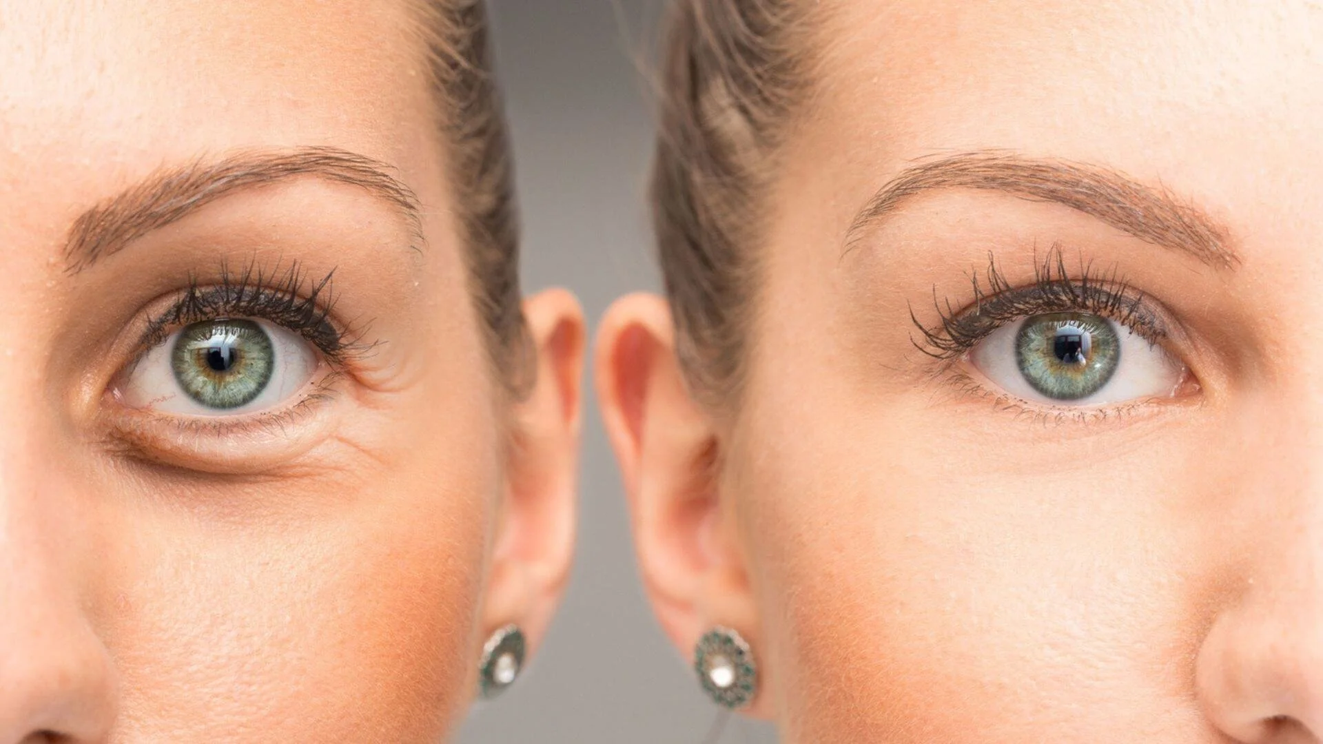 Imagem de duas mulheres com olhos verdes, uma de frente e outra de perfil, mostrando detalhes das sobrancelhas, cílios e olhos.