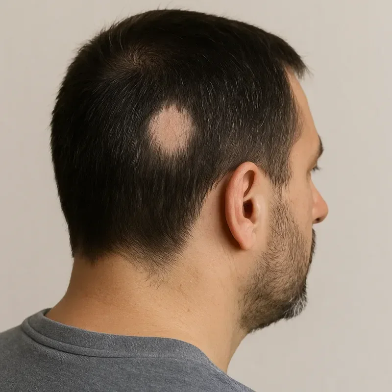 Homem visto de lado, com uma área calva visível na parte de trás da cabeça.