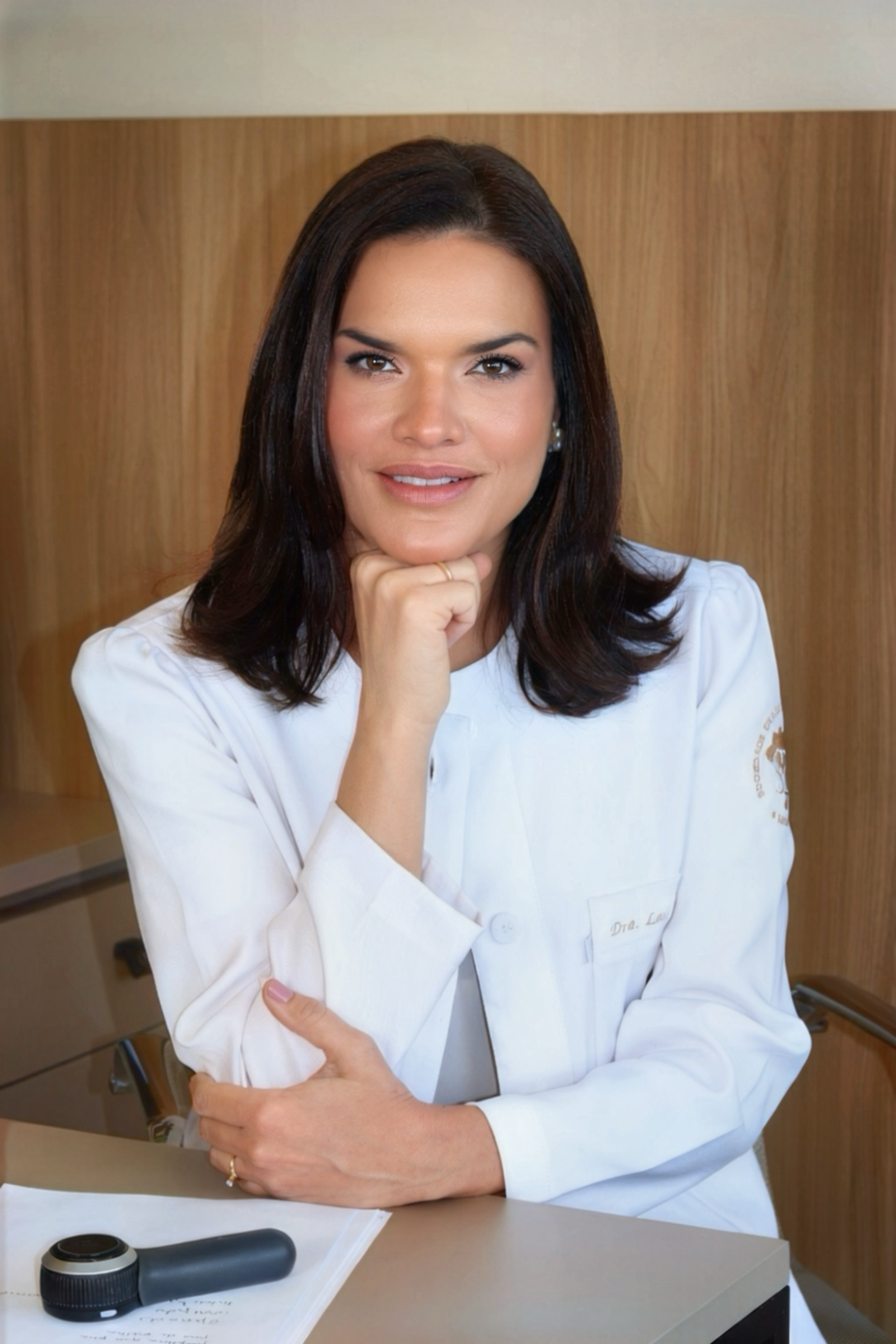 Mulher sorridente com cabelo escuro, vestindo jaleco de médica com crachá, repousando o rosto na mão, em ambiente clínico ou hospitalar.