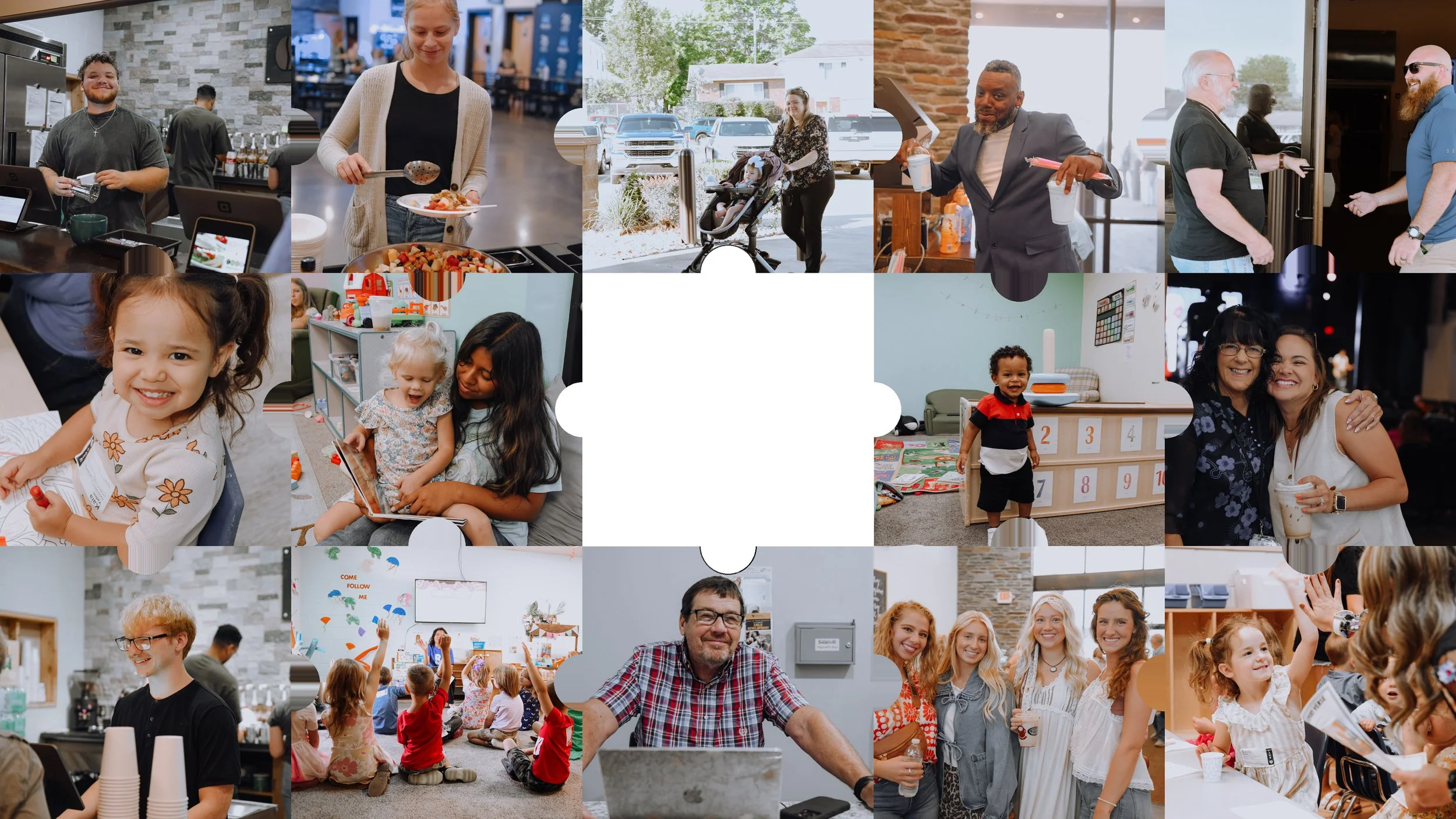 Collage of various indoor and outdoor scenes showing people of different ages engaging in activities like socializing, eating, playing, and working in community settings, including a restaurant, classroom, outdoor gathering, and office.