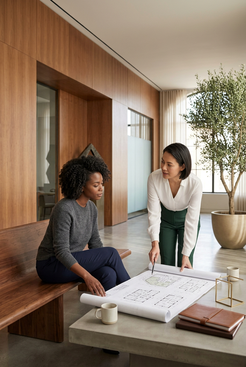 Two women are discussing architectural blueprints in a modern, well-lit office with wood-paneled walls, large windows, and a potted plant. One woman is sitting on a wooden bench, and the other is standing and pointing at the blueprints on a table.