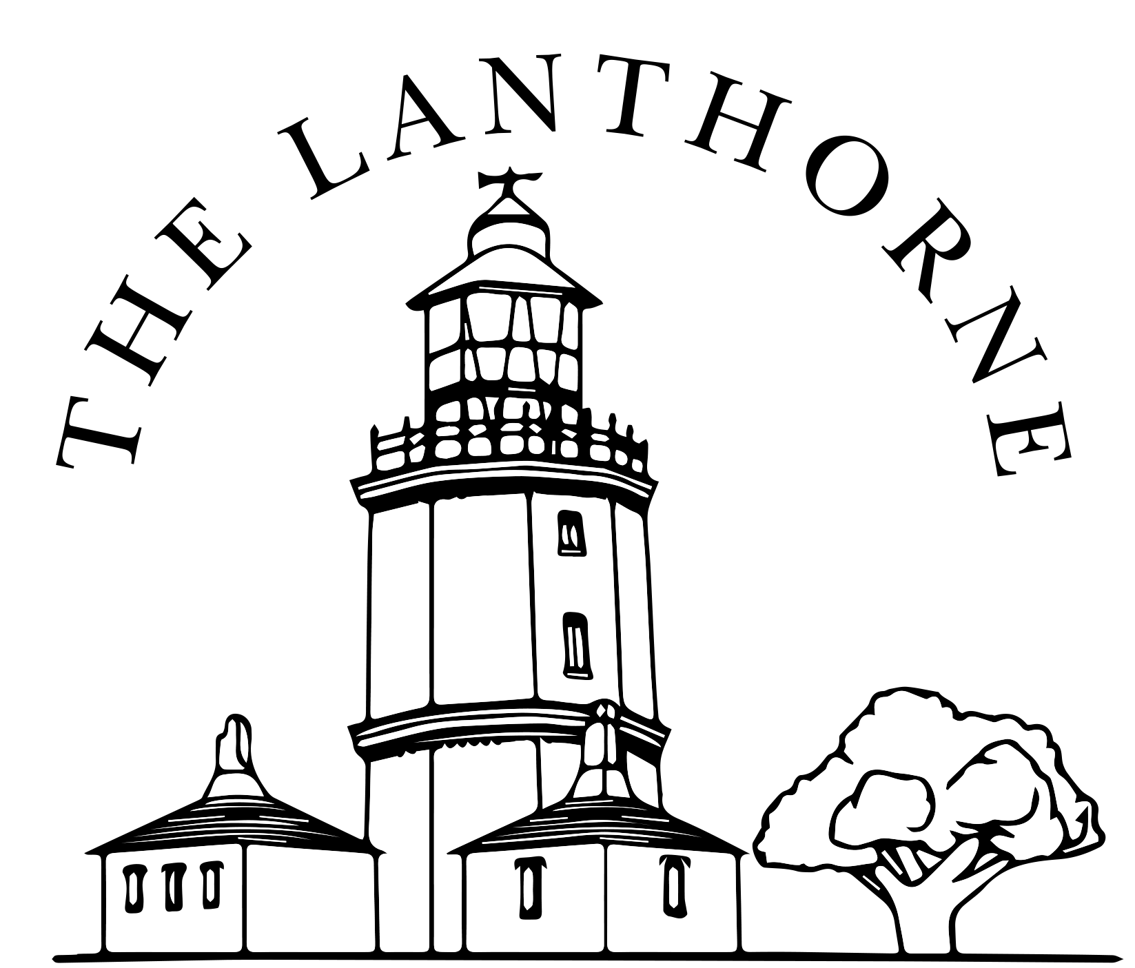Black and white illustration of a tall lighthouse with a small building at its base, a tree, and a cloud in the background.