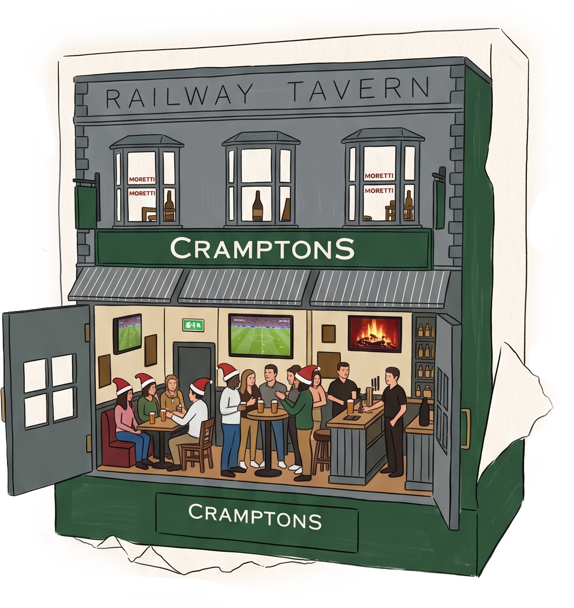 A bar scene in a pub called Cramptons decorated for Christmas, with patrons wearing Santa hats, watching a soccer game on TVs, and a fireplace.