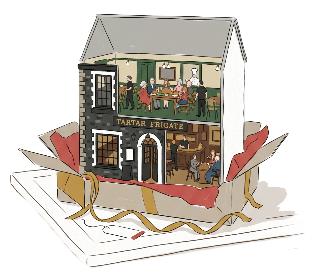 A pop-up cake depicting a two-story restaurant with dining and bar areas, labeled 'Tartar Frigate', inside a decorated box on a gift-wrapped base.